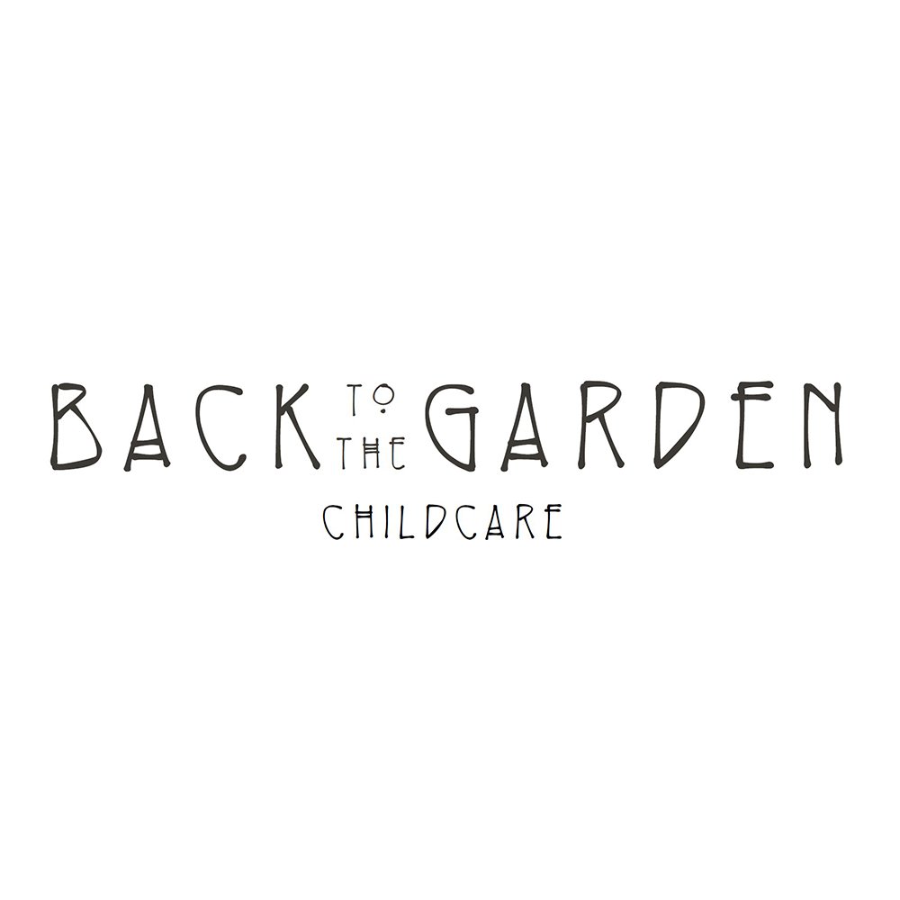 Handwritten text reading 'Back to the Garden Childcare' on a white background.