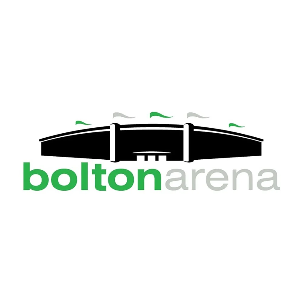 Logo of Bolton Arena featuring a stylized black arena structure with green and gray flags, and the text 'bolton arena' in green and gray.
