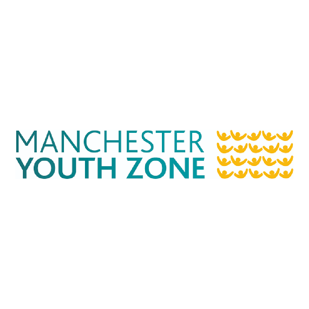 Logo of Manchester Youth Zone with teal text and yellow abstract human figures