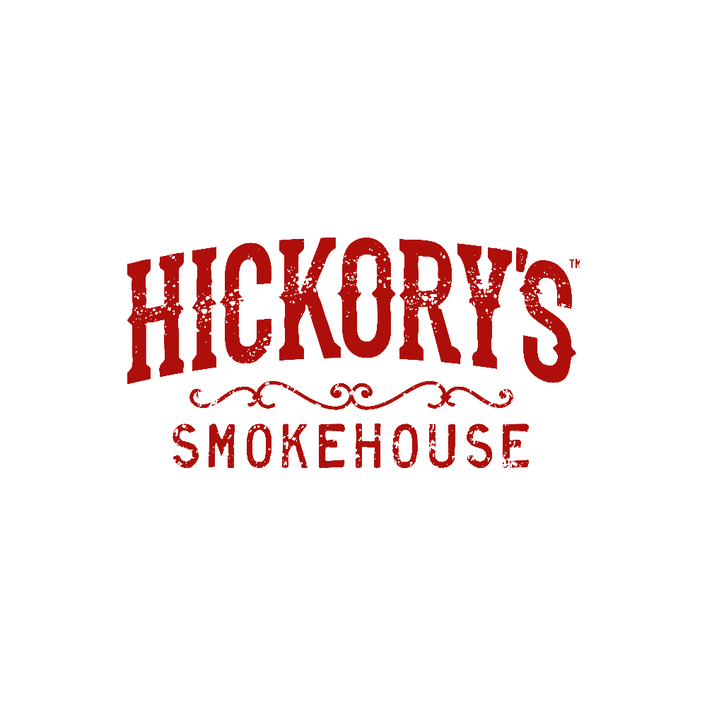 Logo for Hickory's Smokehouse with red text on a black background.