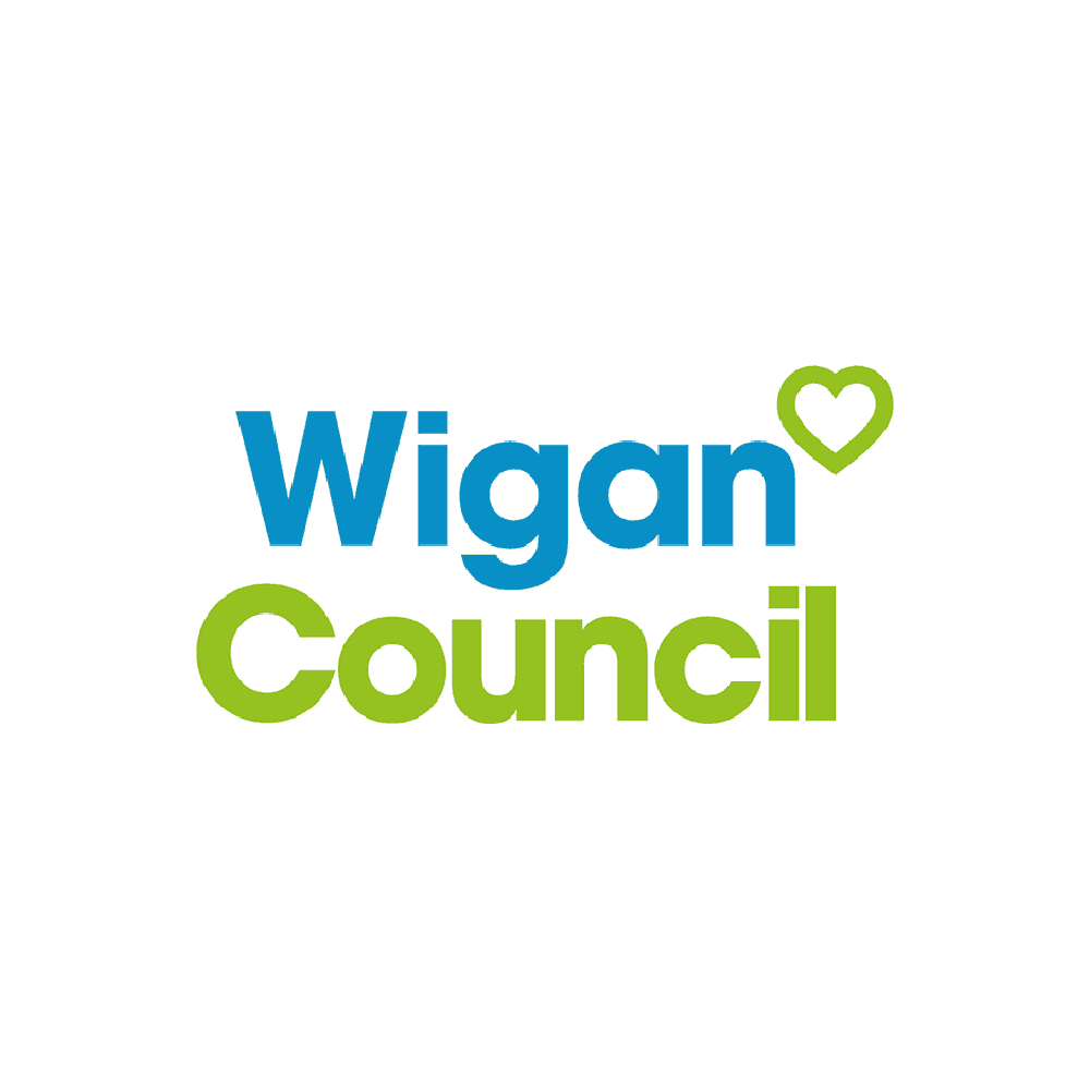 Logo for Wigan Council with the words 'Wigan' in blue and 'Council' in green, and a green heart shape.