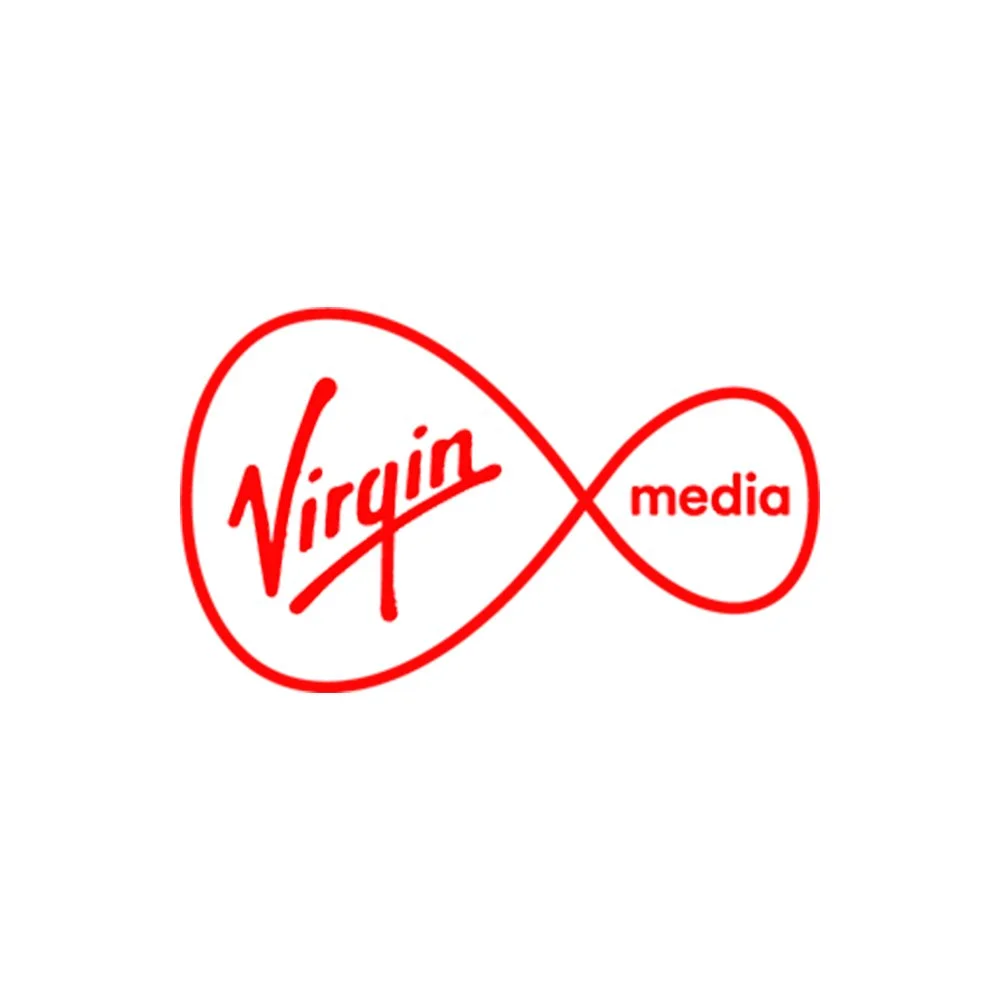 Logo of Virgin Media with the word 'Virgin' in a red handwritten script and 'media' in red lowercase letters inside an infinity symbol outline.