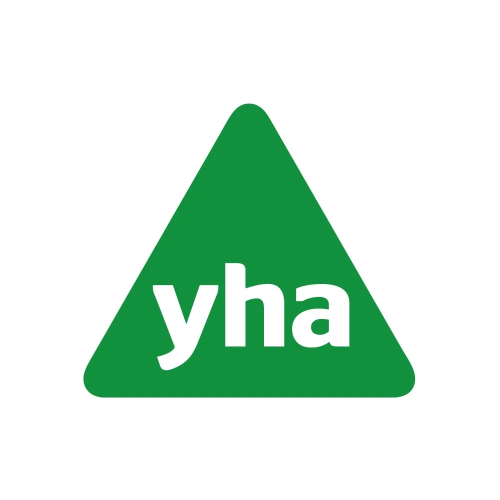 Green warning sign with white rounded triangle and the word 'yha' inside.
