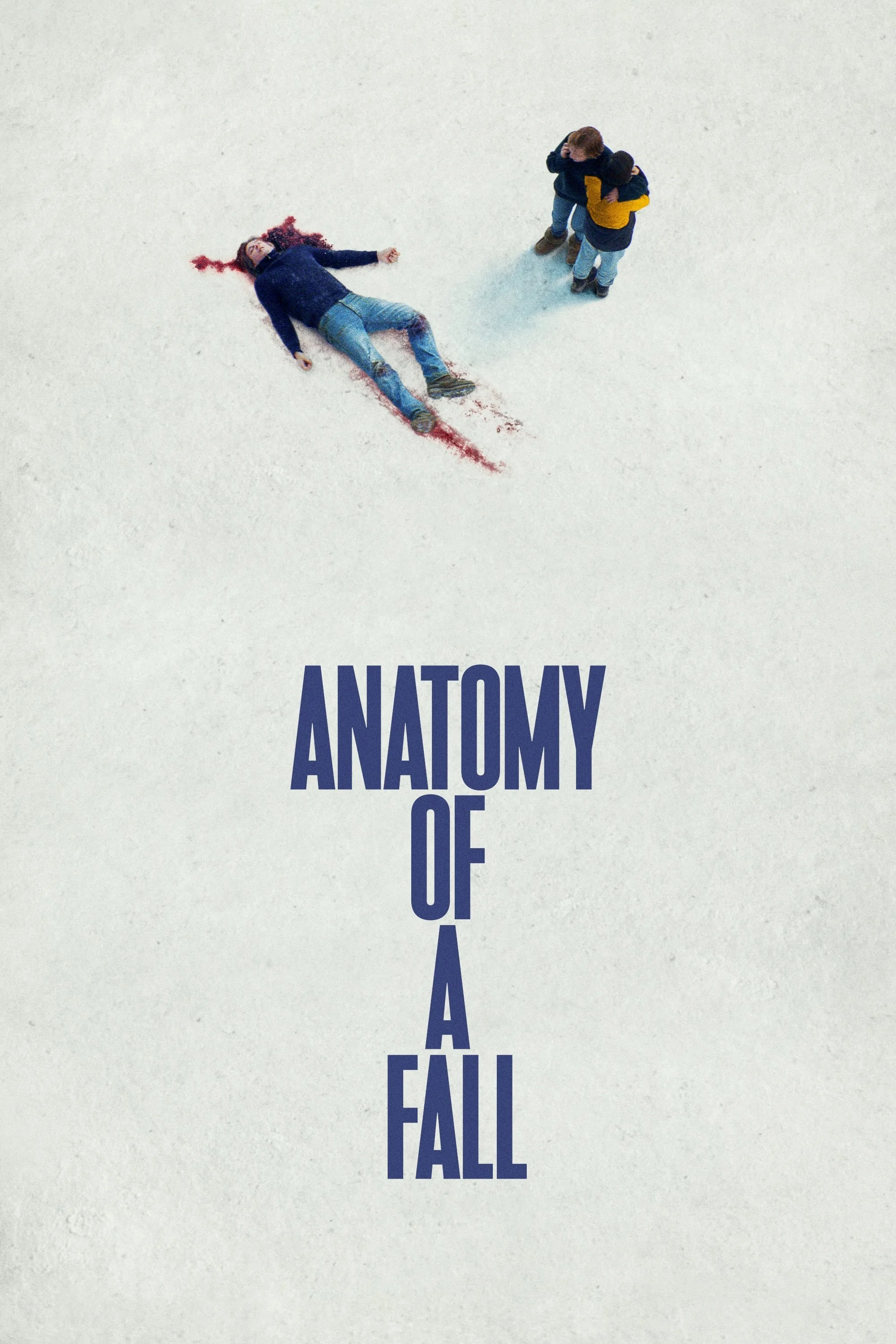 An overhead view of three people hugging on the snowy ground, with a person lying covered in blood nearby.