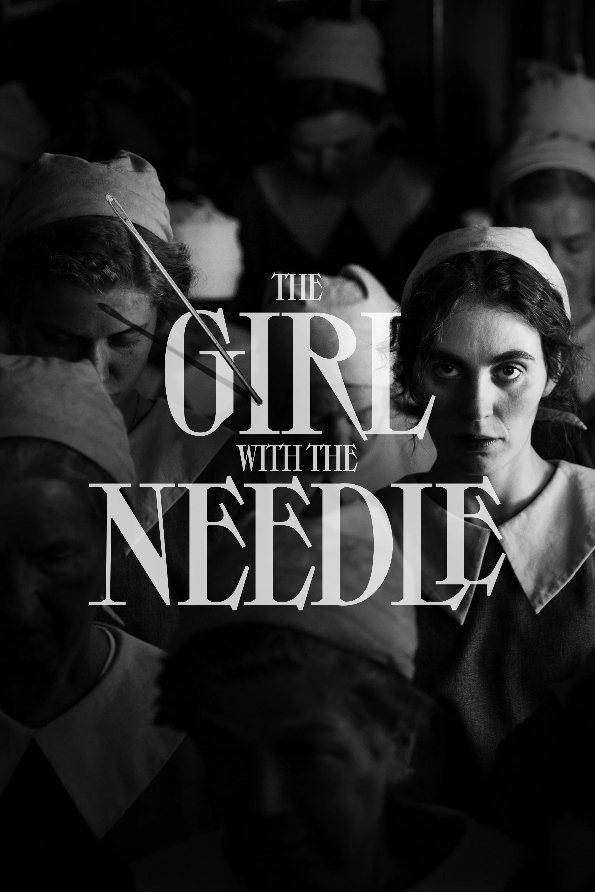 Black-and-white photo of women in nurse uniforms and caps with medical instruments, with overlaid text reading 'The Girl with the Needle'.