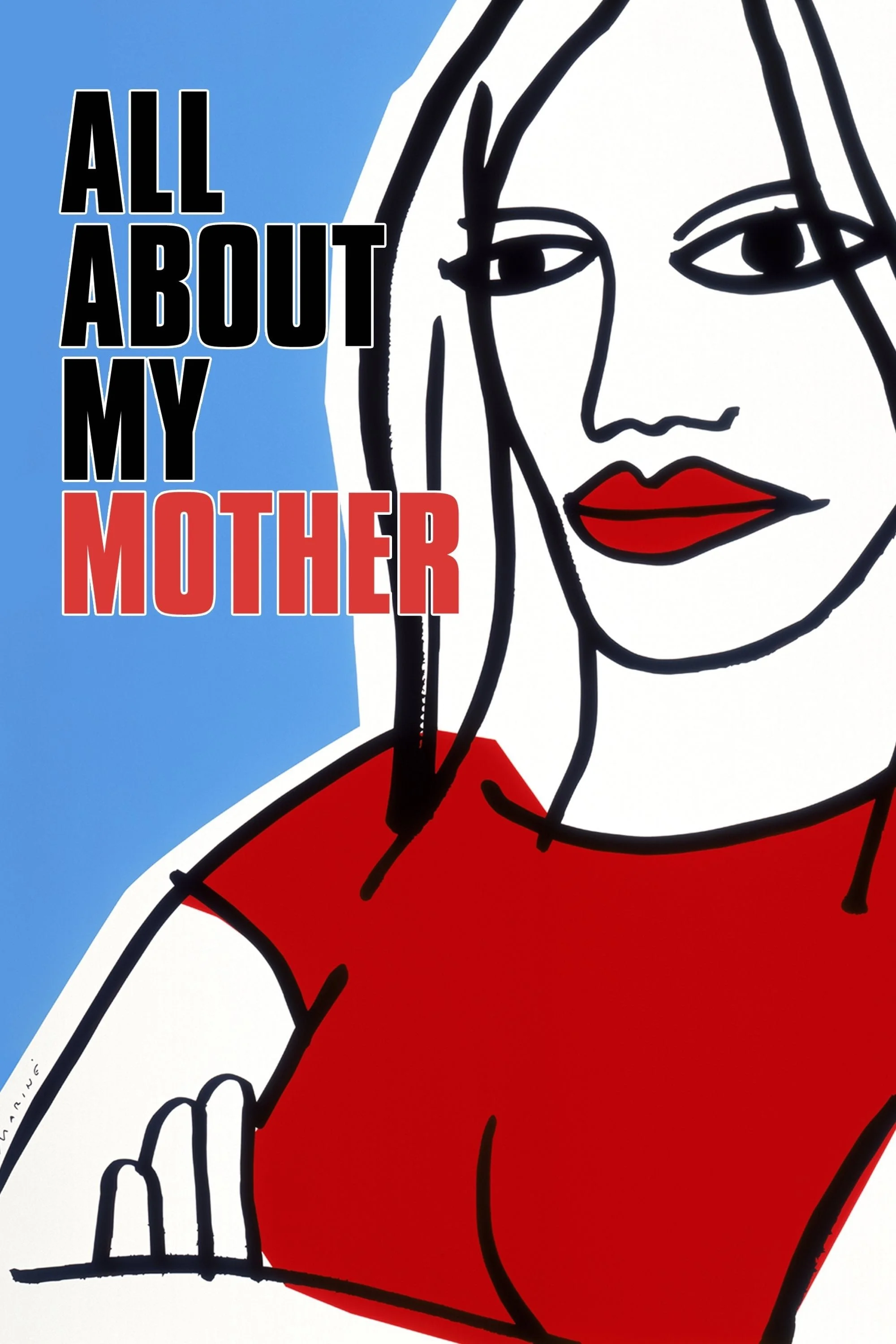 A minimalist line drawing of a woman with red lips, black hair, and a red top, with the words 'All About My Mother' in bold black and red text on a white and blue background.