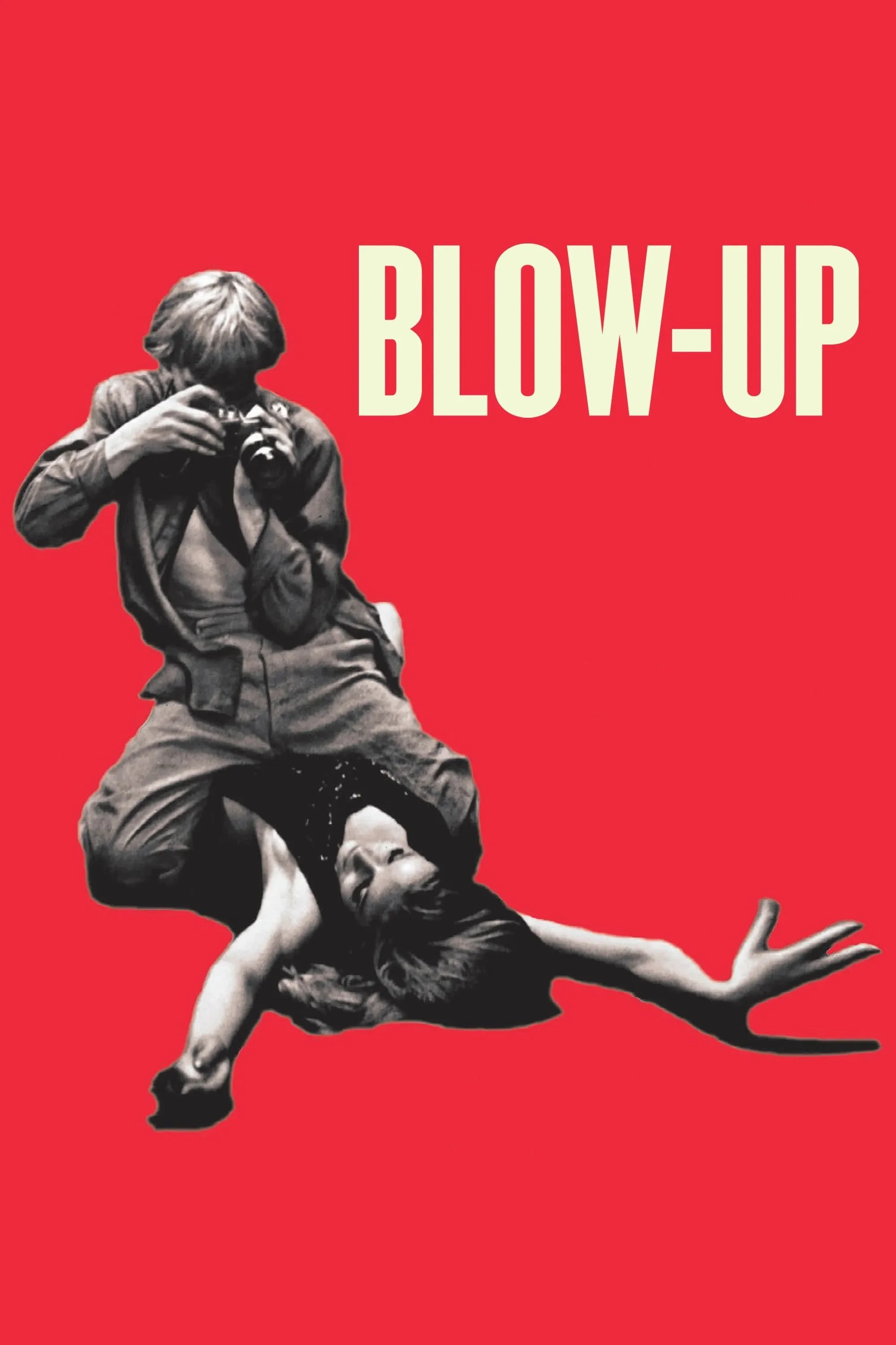 A black and white photo of a person holding a camera, with another person lying on the ground beneath them, against a red background with the words "BLOW-UP" in large font.
