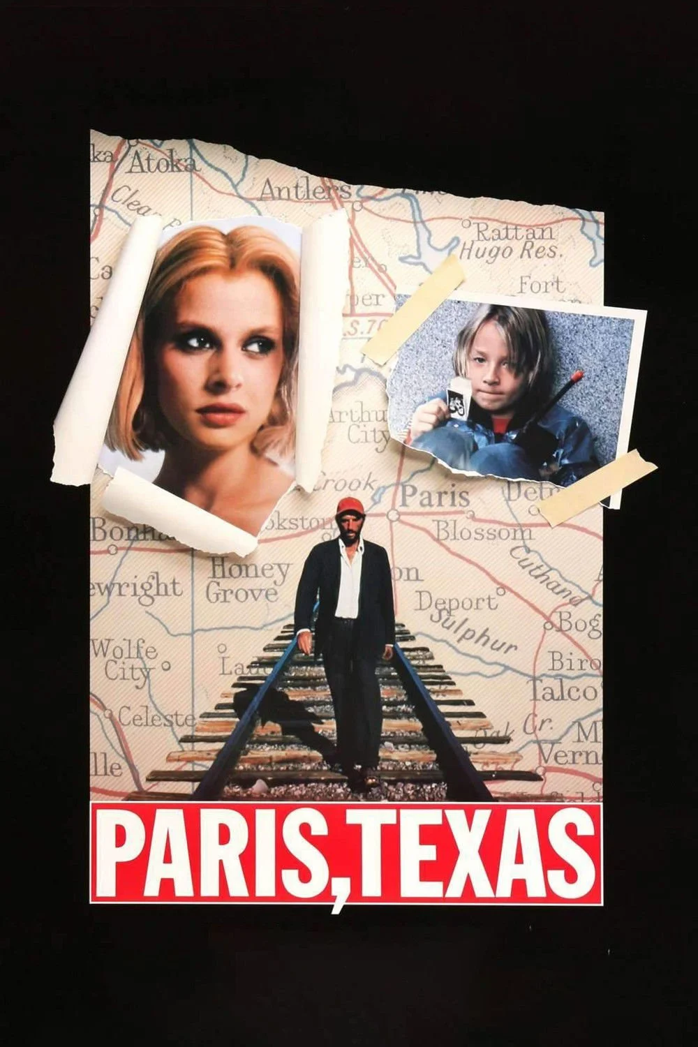 A collage with a background map showing parts of Texas and France. It features three photos: a luxurious woman with blonde hair, a young girl holding a small object, and a man dressed in a suit and red hat walking on railroad tracks. The bottom has a bold red and white sign that reads "PARIS, TEXAS."