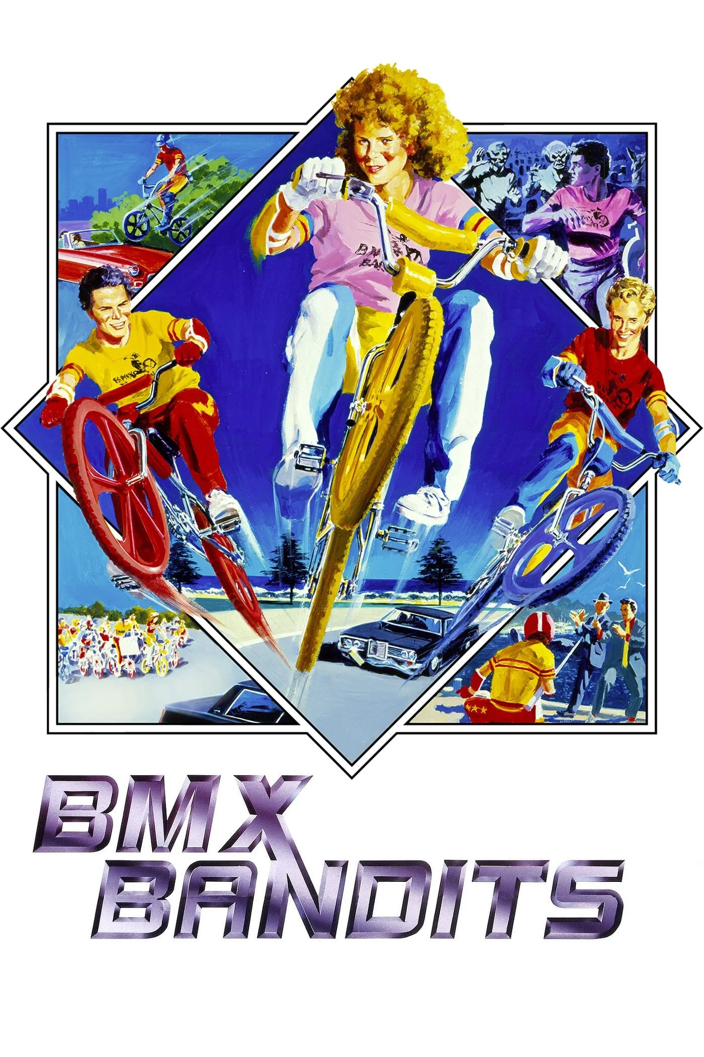 A colorful illustration of a BMX bandits motorcycle stunt scene, featuring characters riding BMX bikes, some wearing helmets and racing gear, with a crowd of spectators and a blue sky in the background. The text 'BMX Bandits' appears prominently below.