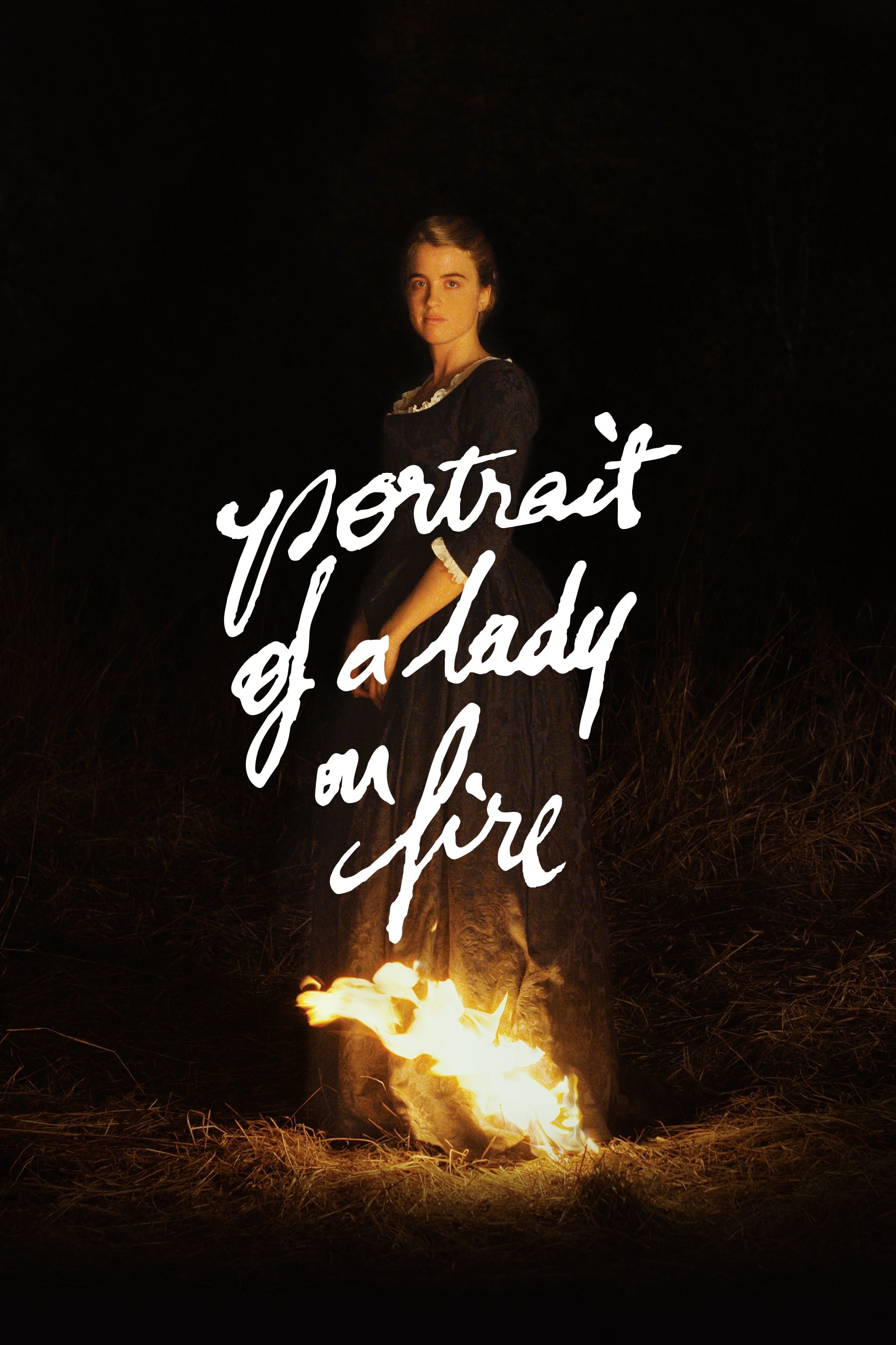 Young woman standing outdoors in darkness, in front of a fire, with the words 'Portrait of a lady on fire' written over her.