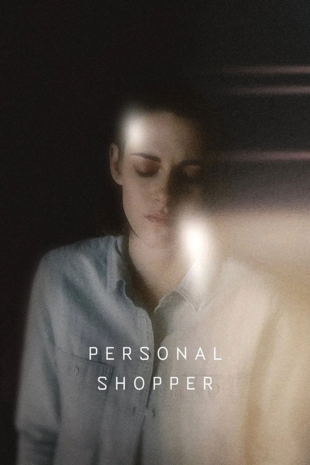 A woman with closed eyes and makeup, wearing a light-colored shirt, appears behind a blurred or distorted surface with the text 'PERSONAL SHOPPER' overlayed.