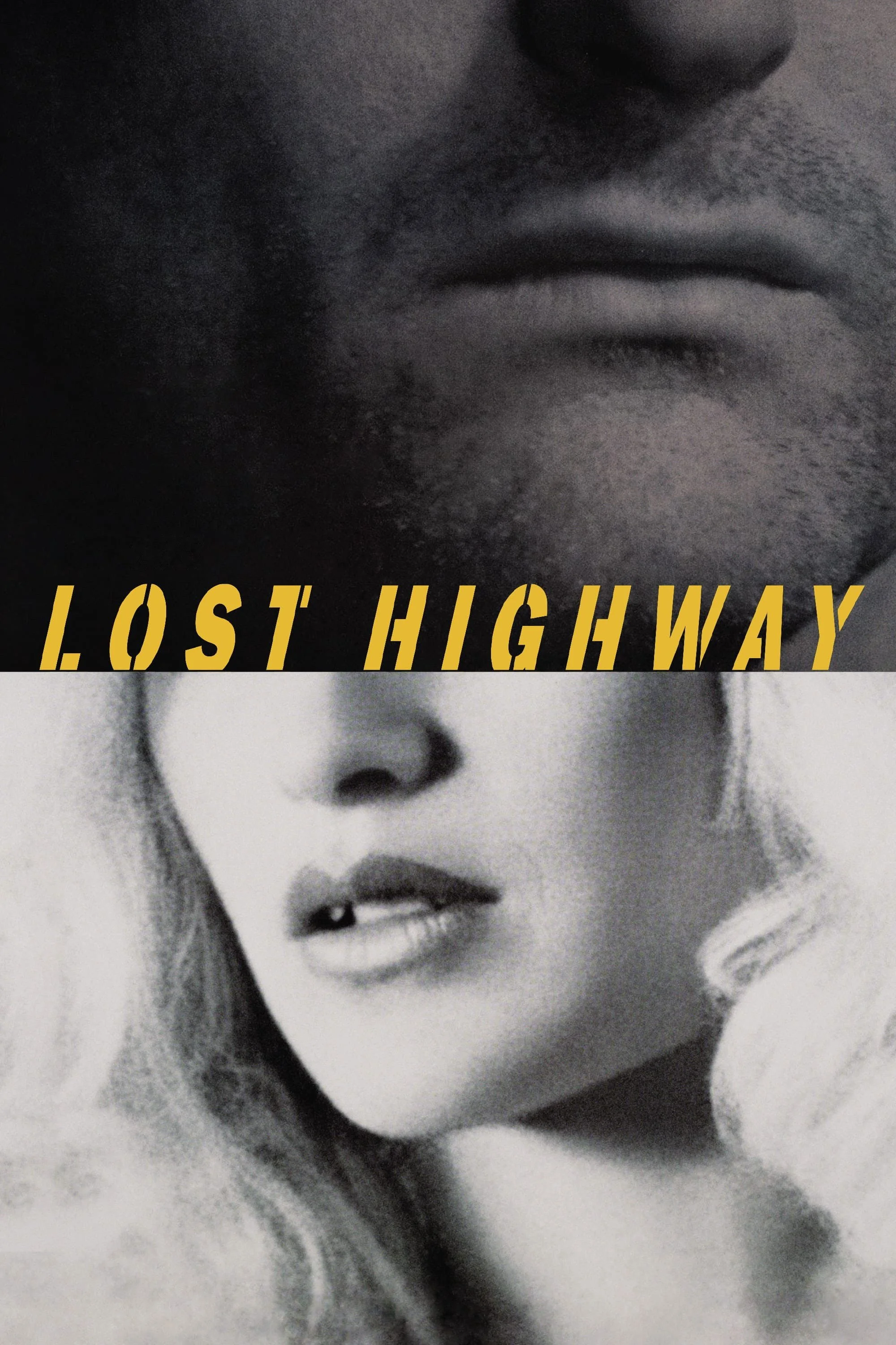 Black and white close-up of a woman's face, slightly open mouth with teeth visible, and her hand resting on her cheek. Overlaid text says 'Lost Highway' in yellow stylized font.