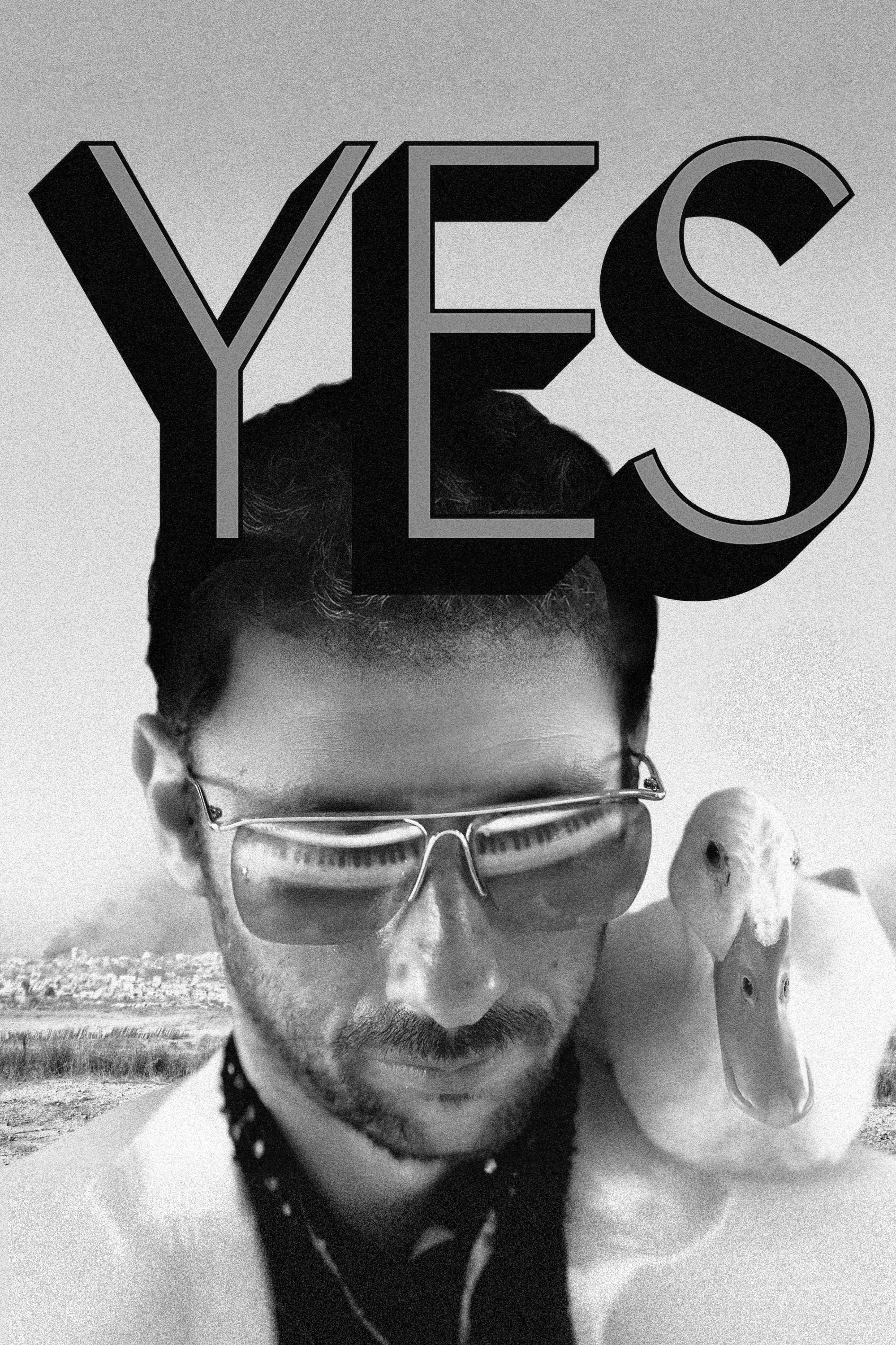 Black and white portrait of a man with glasses, holding a snake and an apple, with the word 'YES' written in large letters above his head.