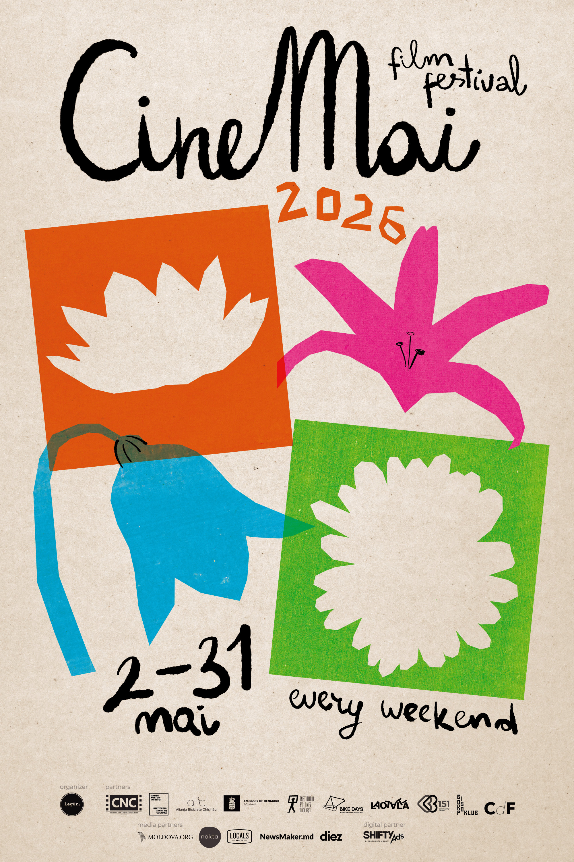 A poster for the CineMoi 2026 film festival. The poster features colorful abstract shapes of a floral design and a hand holding a camera. The festival dates are May 21-23, with the phrase "every weekend" written at the bottom. Multiple logos of sponsors and partners are displayed along the footer.