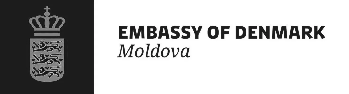 Logo of the Embassy of Denmark in Moldova, featuring a shield with three lions and a crown.