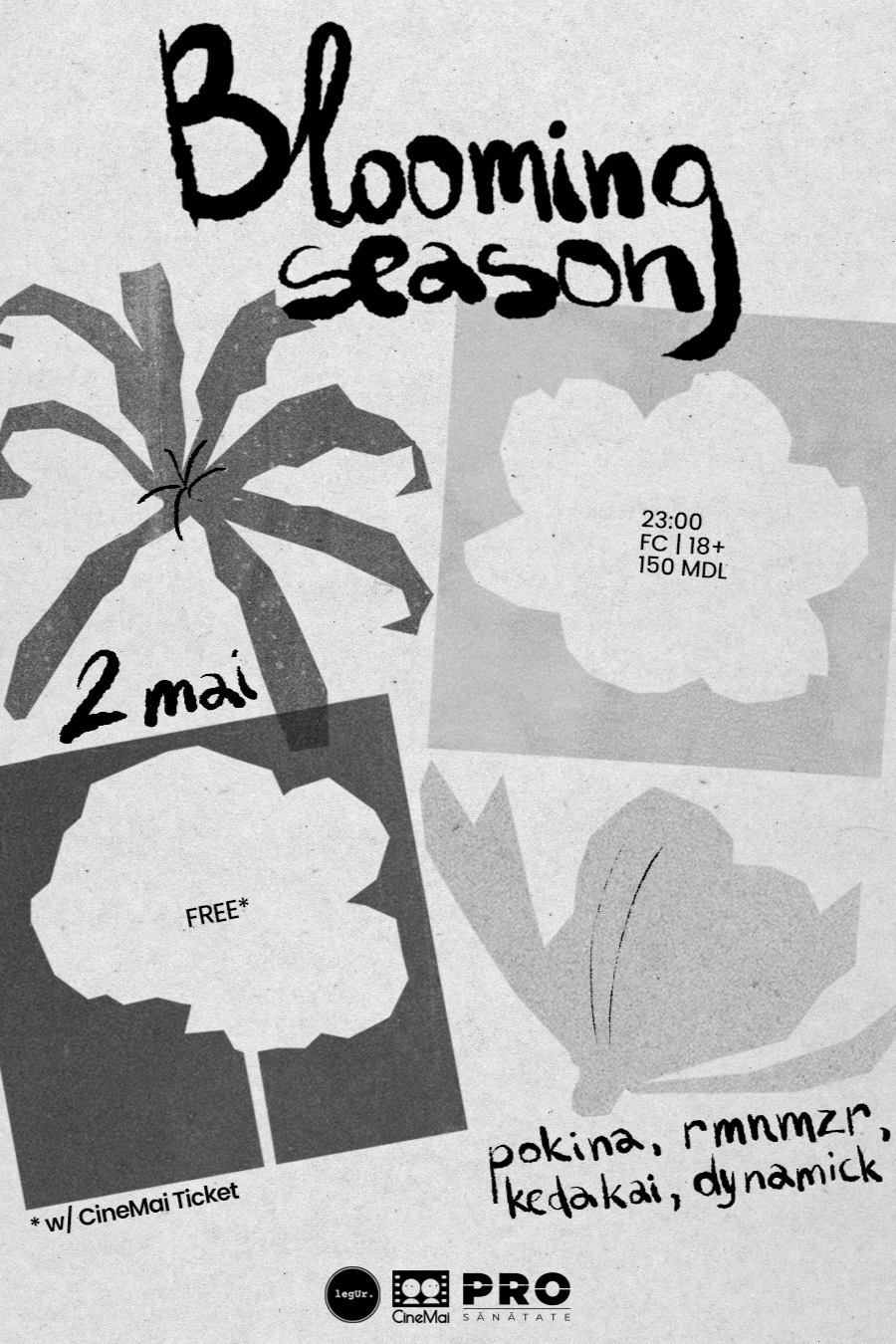 Poster advertising a blooming season event on May 2nd at 11:00 PM featuring free entry with a CinemaMai ticket, with music and dance performances.