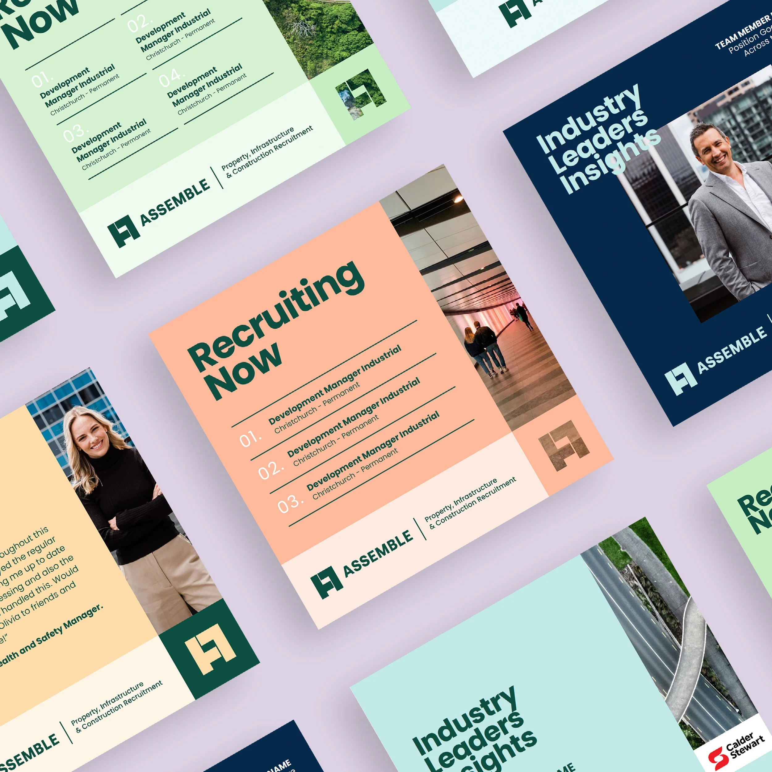 Collection of colorful marketing flyers and posters for a company called Assemble, promoting industry insights, recruitment, and development opportunities in property, infrastructure, and construction.