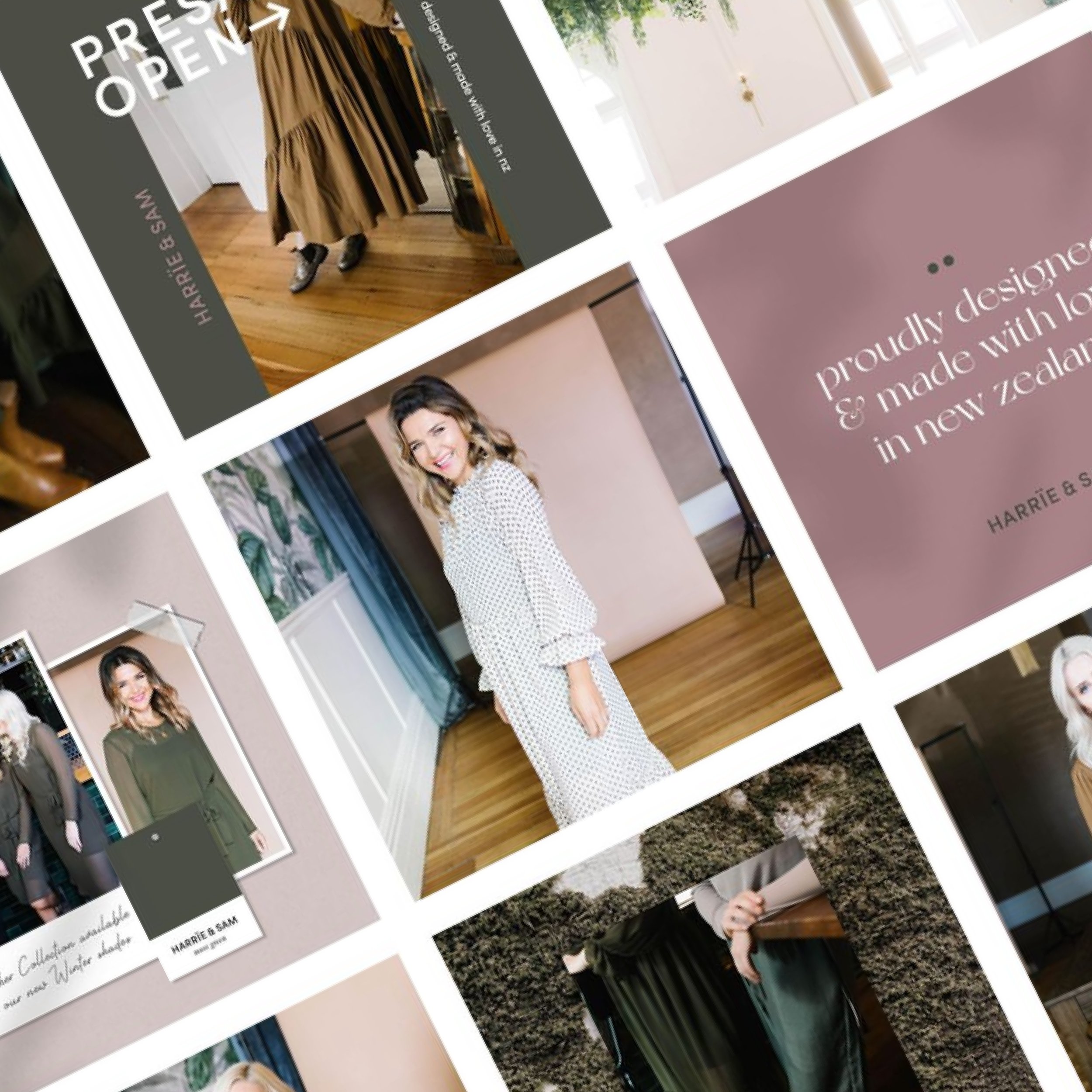 Collage of images featuring a smiling woman with wavy hair, wearing different outfits, at a store or fashion event. Includes promotional text about a collection designed and made in New Zealand by Harrie & S.