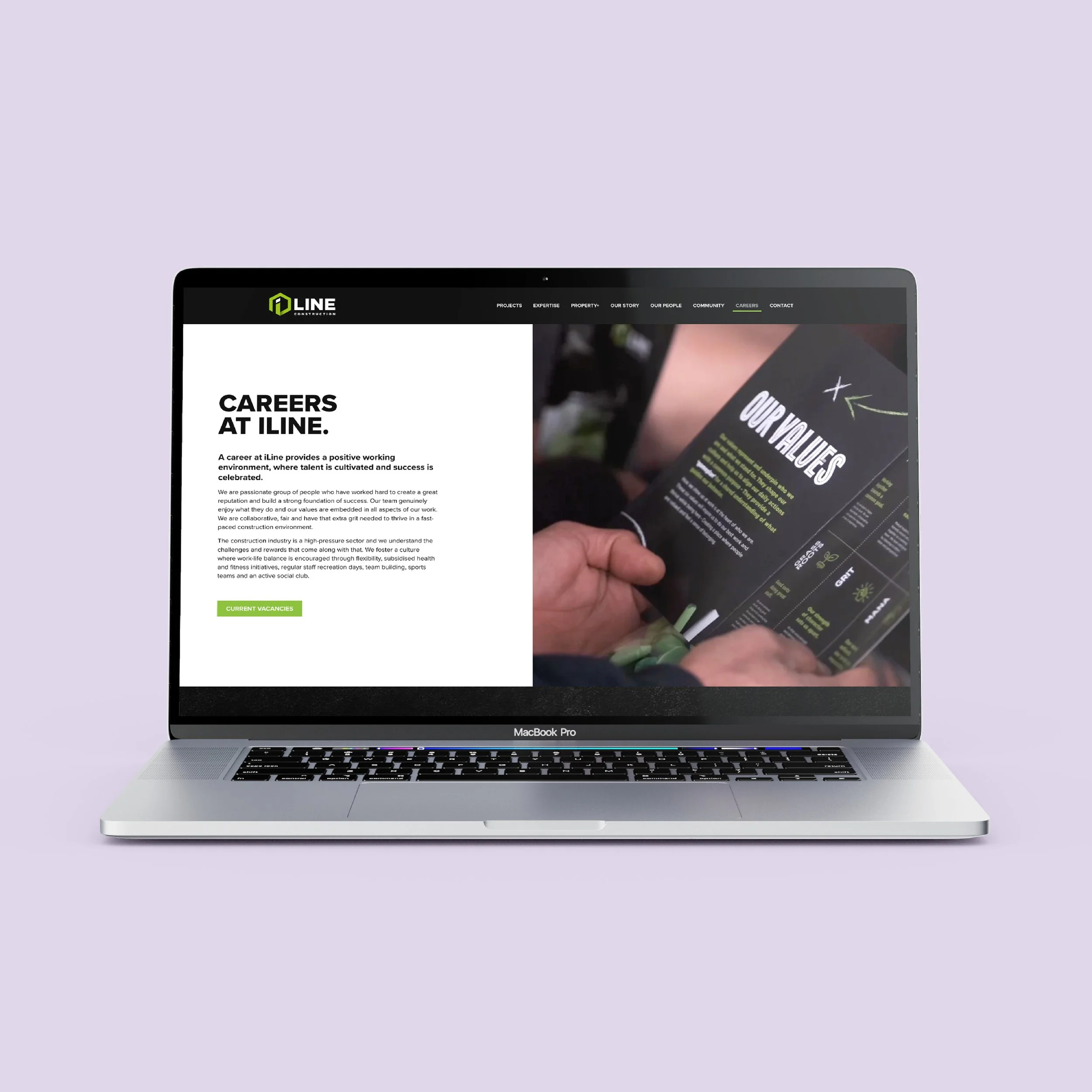 Open MacBook Pro displaying a careers webpage for iLine Construction, with a photo of a person holding a flyer or brochure.