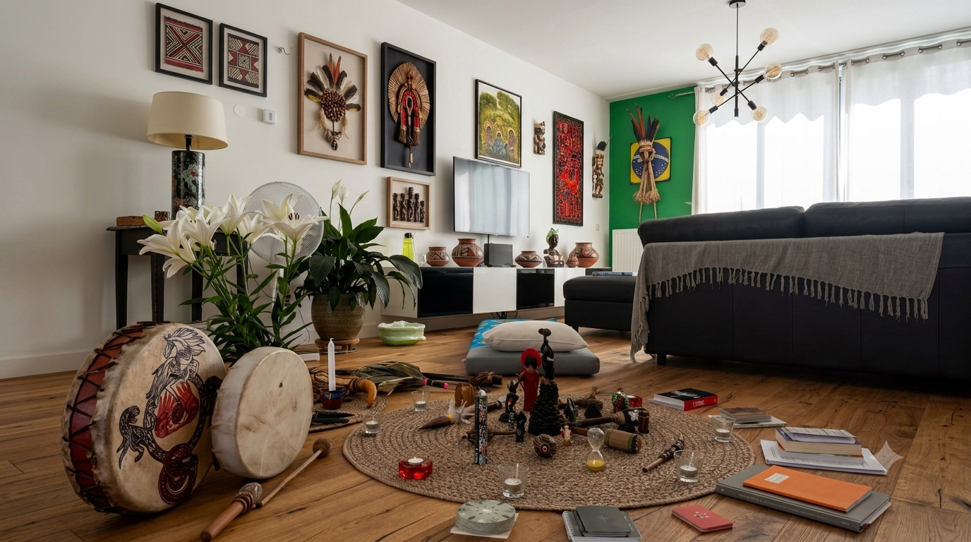 Indoor sacred altar setup with cushions and indigenous art for private in-house ceremonies by KAIRÉ