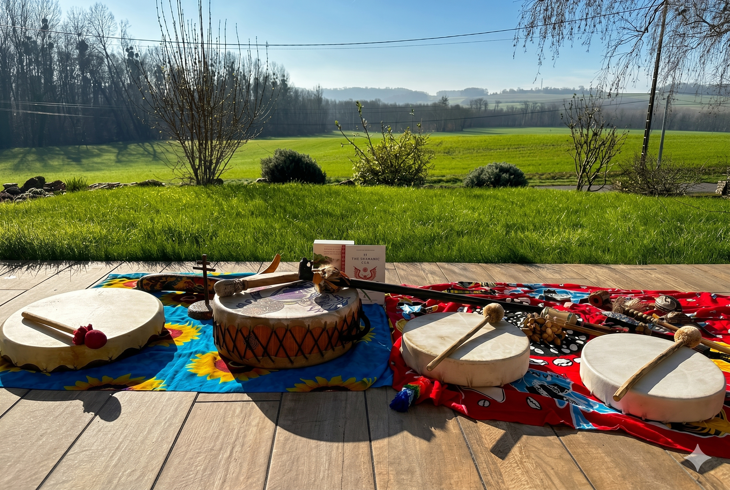 Outdoor ceremonial setup with shamanic hand drums for collective sound healing immersions by KAIRÉ