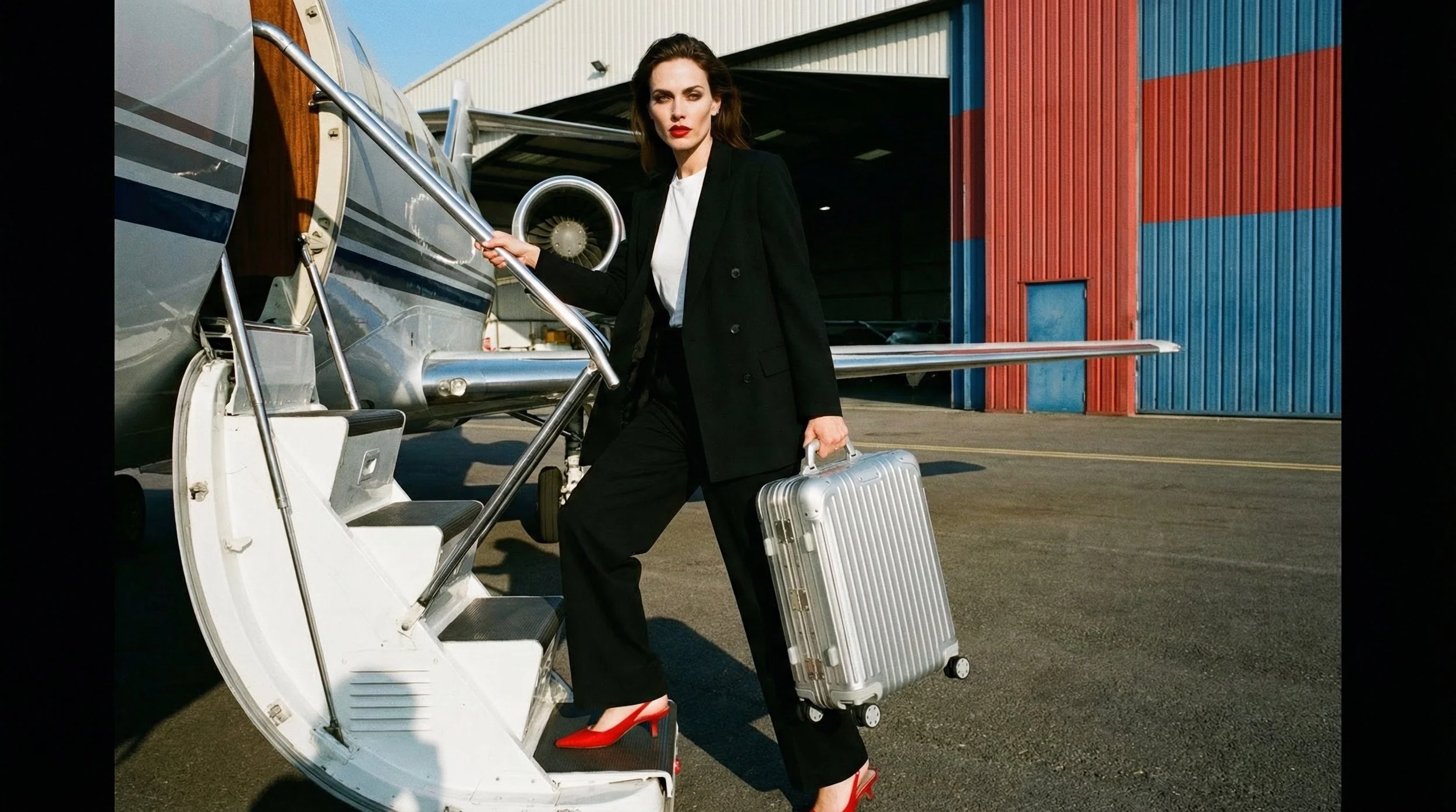 A woman in a black suit and red high heels stepping onto a small airplane with a silver rolling suitcase, at an airport hangar with a red and blue building in the background.