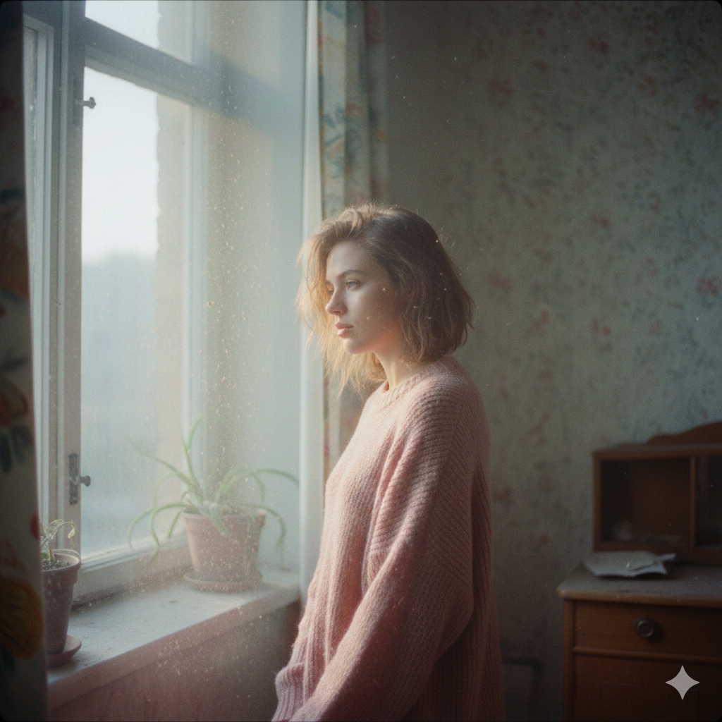 A woman with shoulder-length brown hair looking out a window in a softly lit room, wearing a pinkish sweater. There are potted plants on the windowsill and a piece of furniture with papers on it in the background.