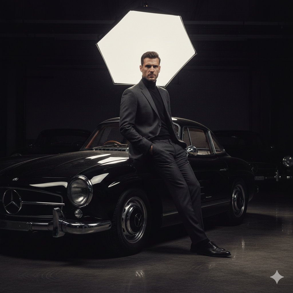 Man in a black suit leaning against a vintage black Mercedes-Benz car in a dark garage, illuminated by a large octagonal light source behind him.