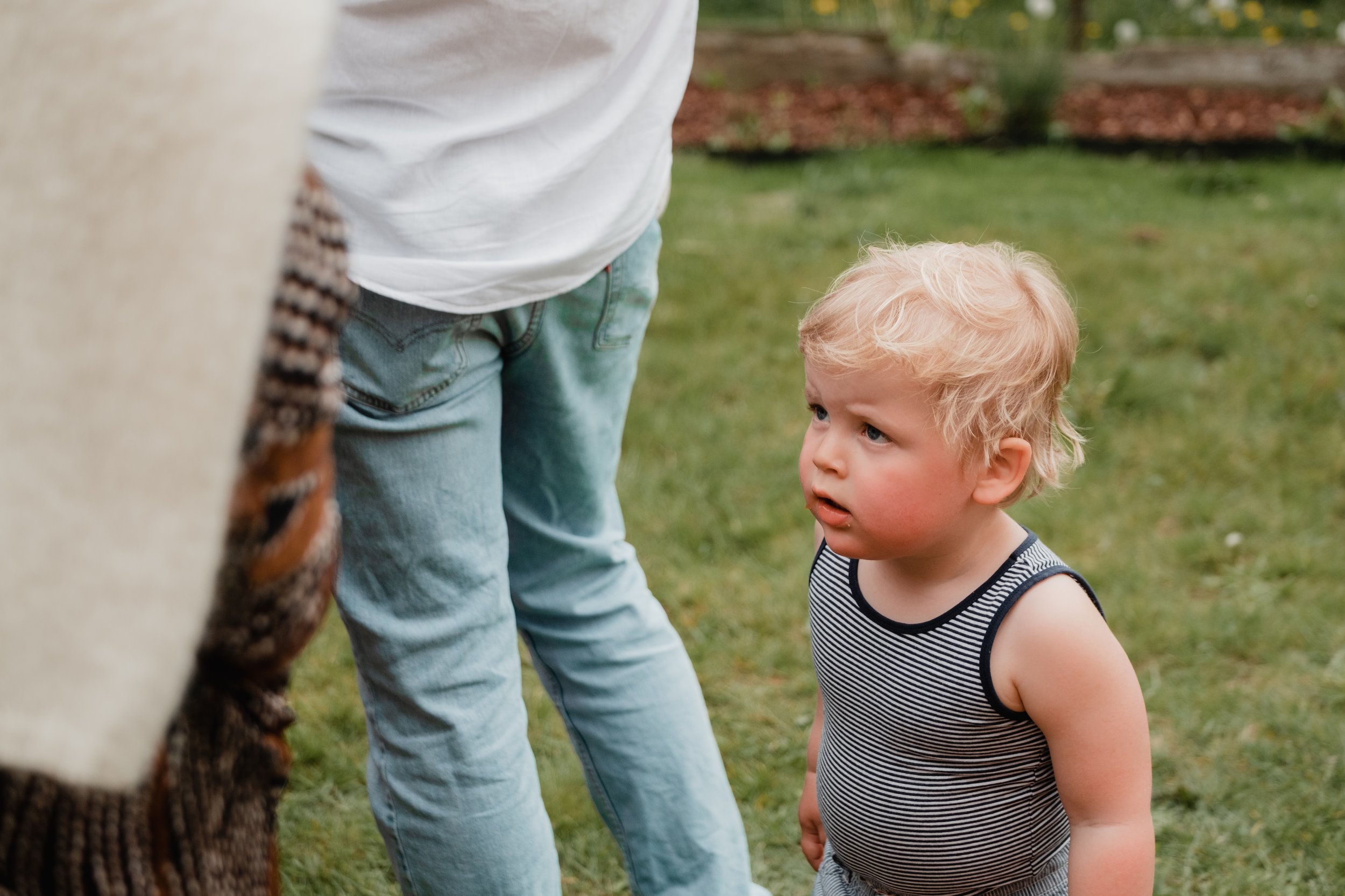 A young blond boy in a striped sleeveless shirt looking up curiously at a butterfly on a person’s arm outdoors in a grassy park.