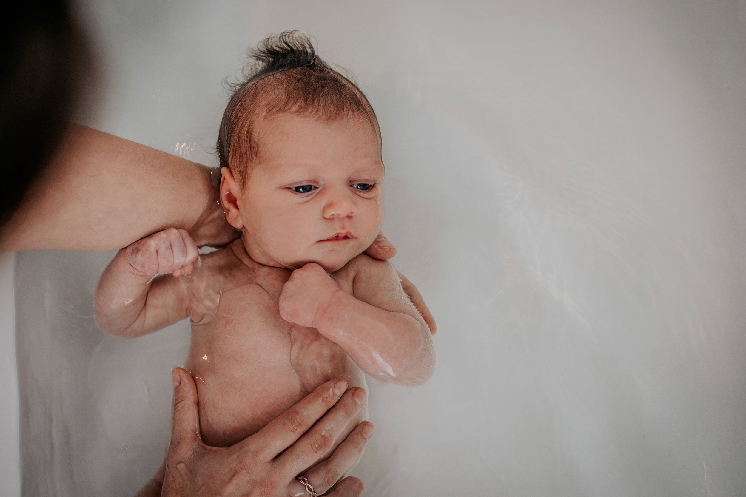A newborn baby being gently bathed in a bathtub with adult hands supporting the baby's chest and arms.