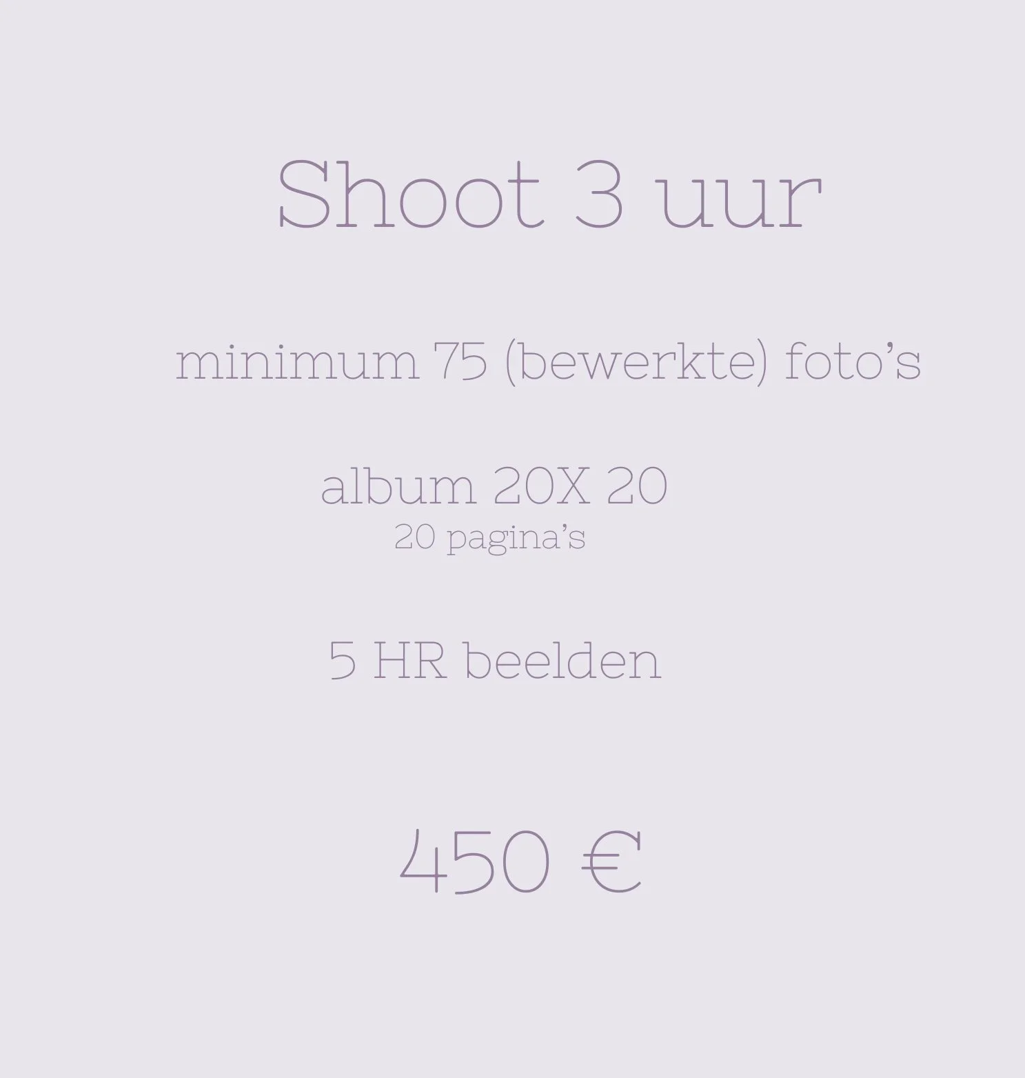 Text in Dutch on a light gray background indicating instructions or details about photos for an album, including minimum photo count, album size, number of pages, image resolution, and price.