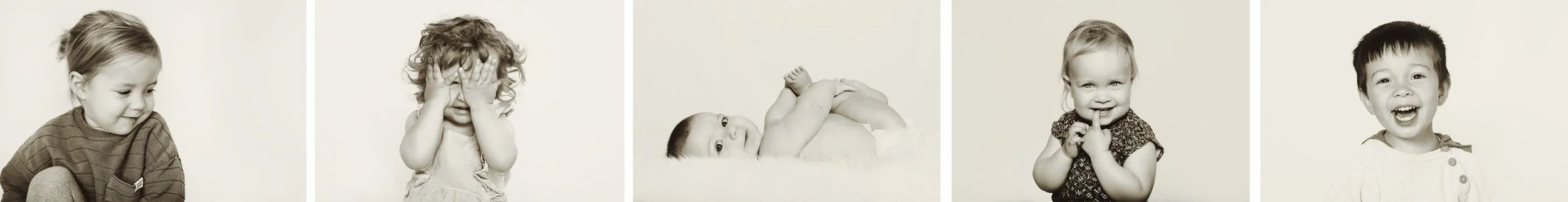 Sequence of five black-and-white photos of young children with different facial expressions and poses.