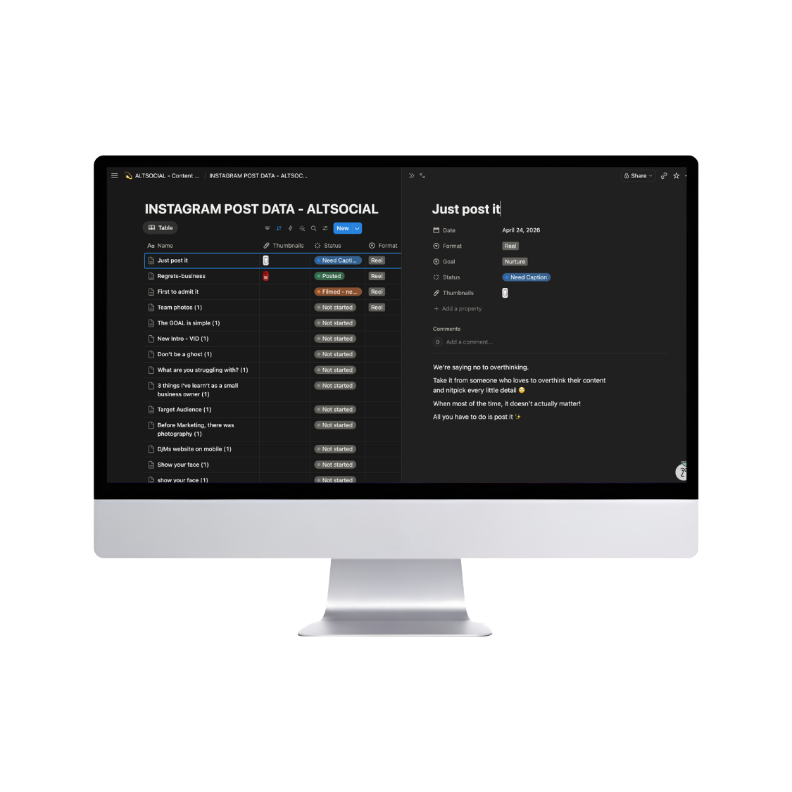 Computer monitor displaying a spreadsheet titled 'Instagram Post Data - ALTSOCIAL' with columns for post name, thumbnail, status, and format. The selected post is 'Just post it,' with details about the date, format, goal, status, and a comments section containing motivational text.