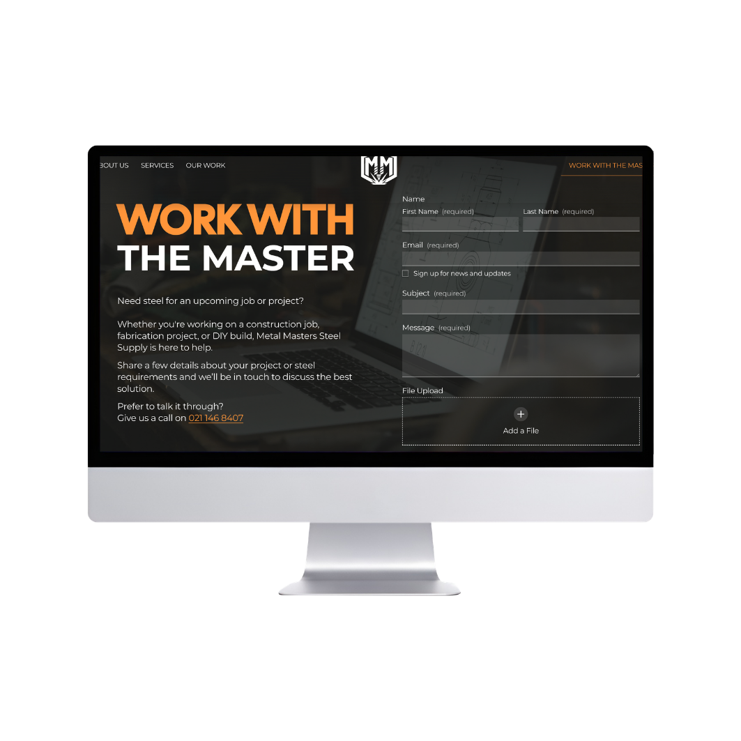 Webpage titled "Work with the Master" offering steel project or job assistance, with contact form and phone number.