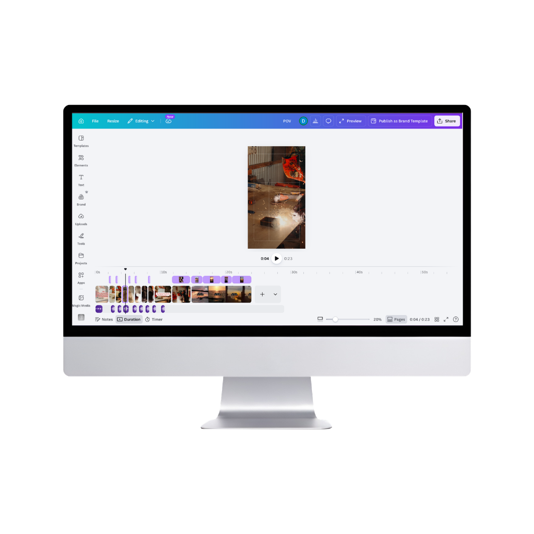 Computer screen displaying a video editing software with a timeline, clips, and editing tools visible.