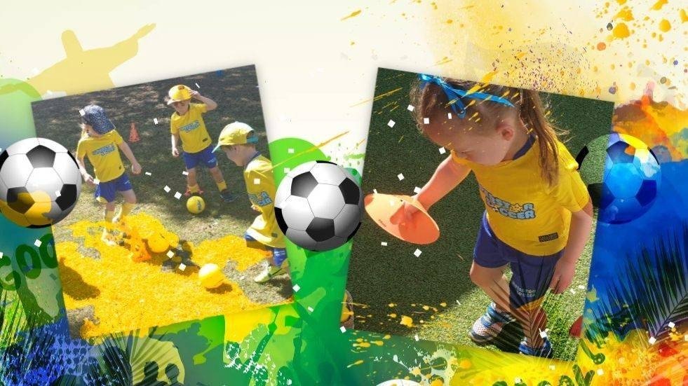Children playing a soccer game outdoors on grass, dressed in yellow shirts and blue shorts, with soccer balls and colorful spray paint splatters in the background.