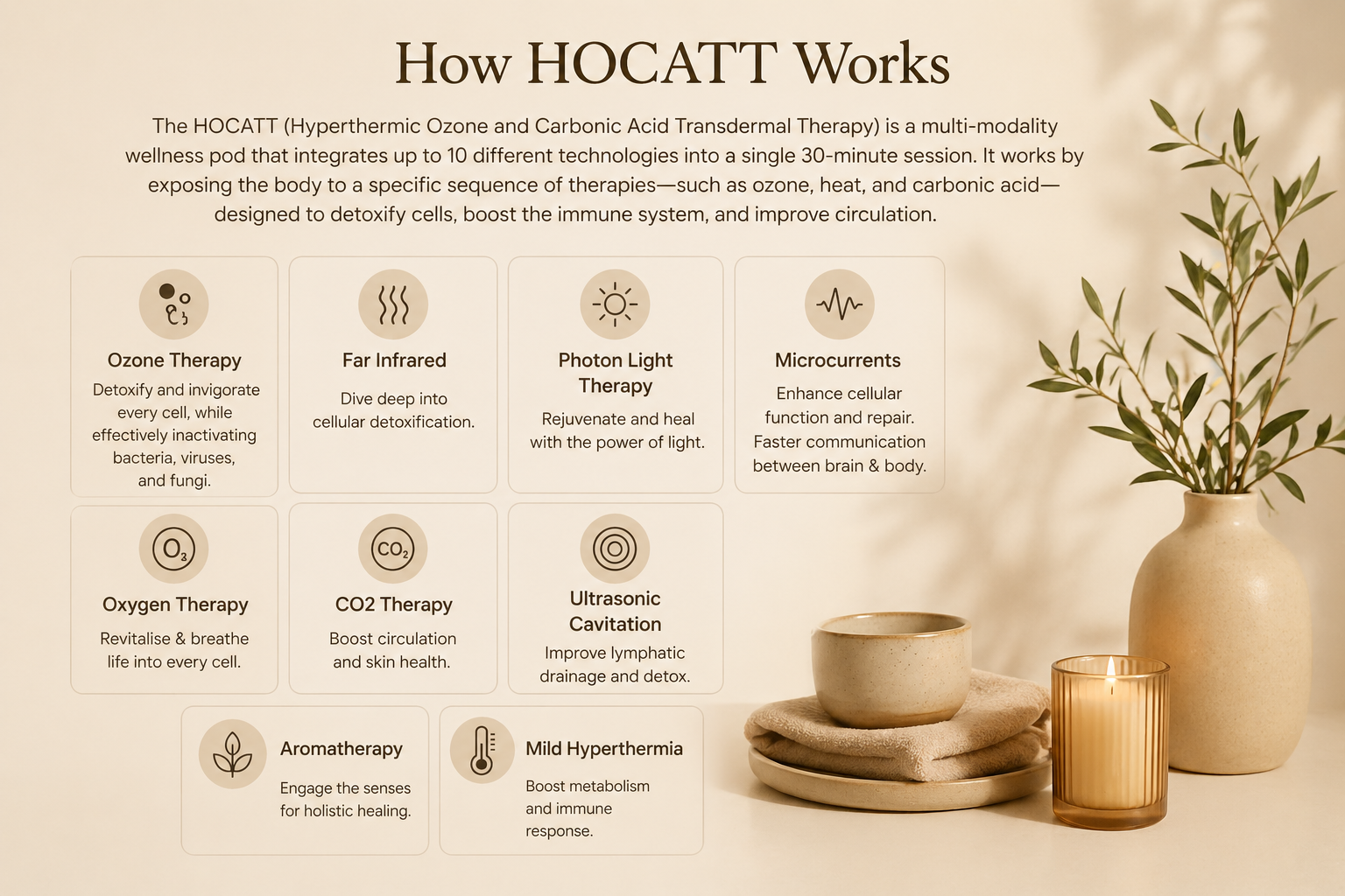 Overview of the therapies included in a HOCATT wellness session.