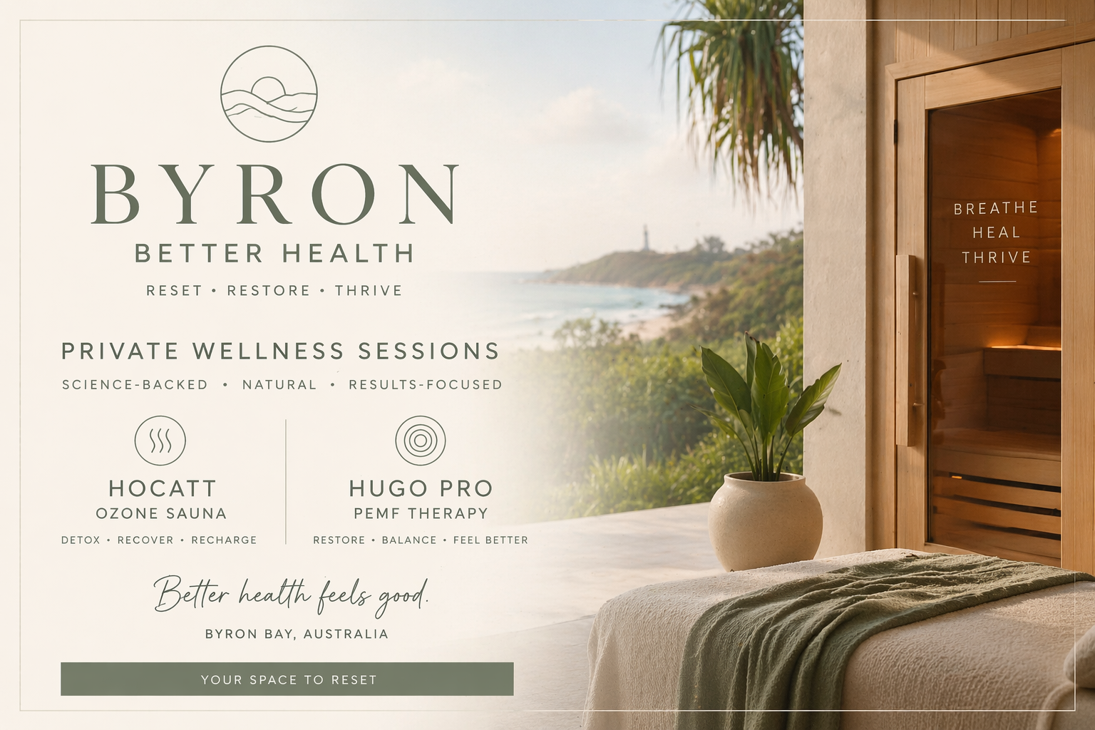 Byron Better Health wellness brochure featuring private HOCATT ozone sauna and PEMF sessions in Byron Bay.
