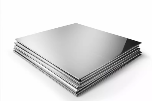 Stack of silver laptops or tablets on a white background.