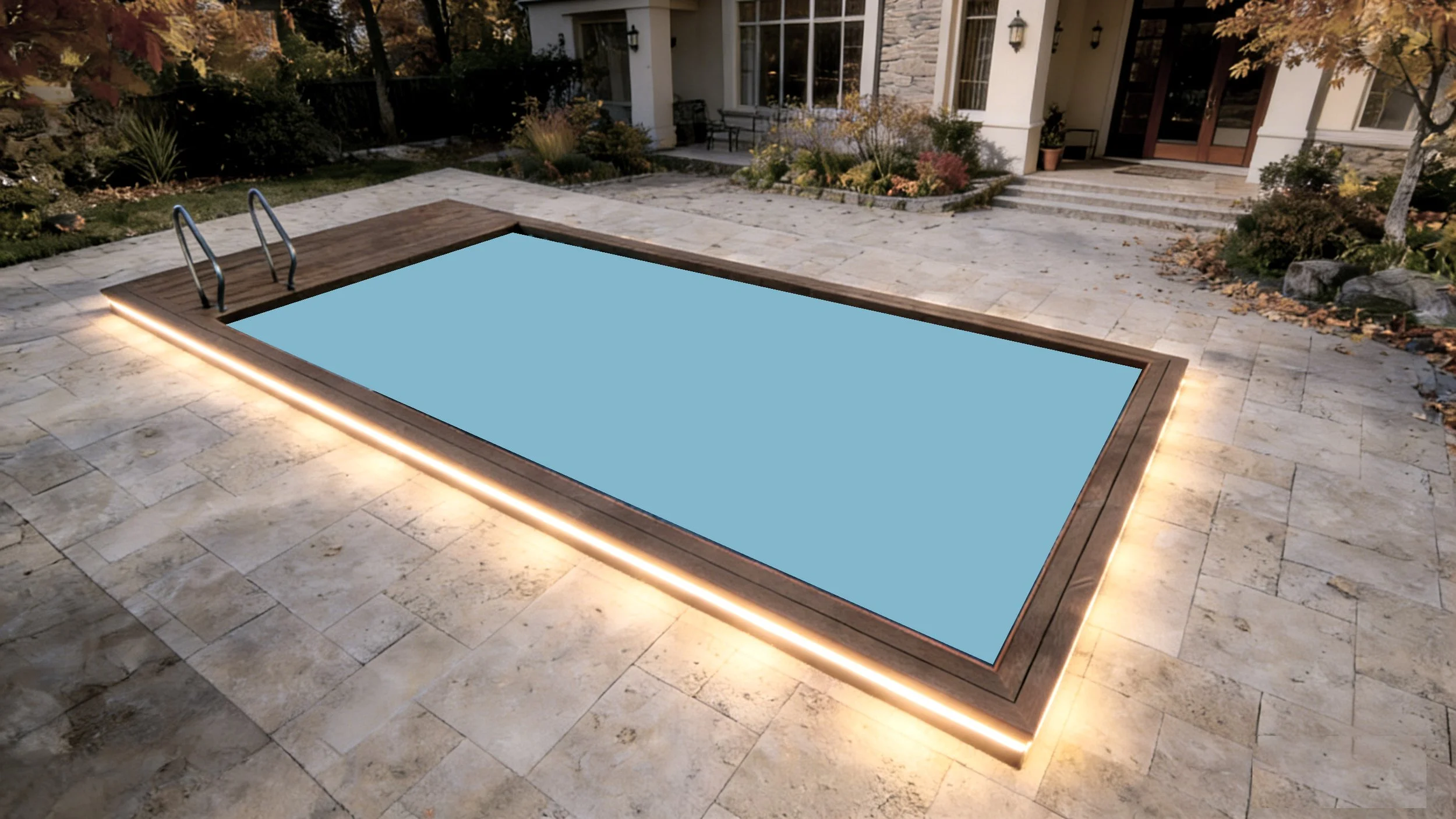 A backyard with a rectangular in-ground swimming pool covered with a blue pool cover. The pool area is surrounded by a stone patio and features a wooden border. There are trees and bushes around the yard, and the house in the background has a porch with steps leading up to the door.