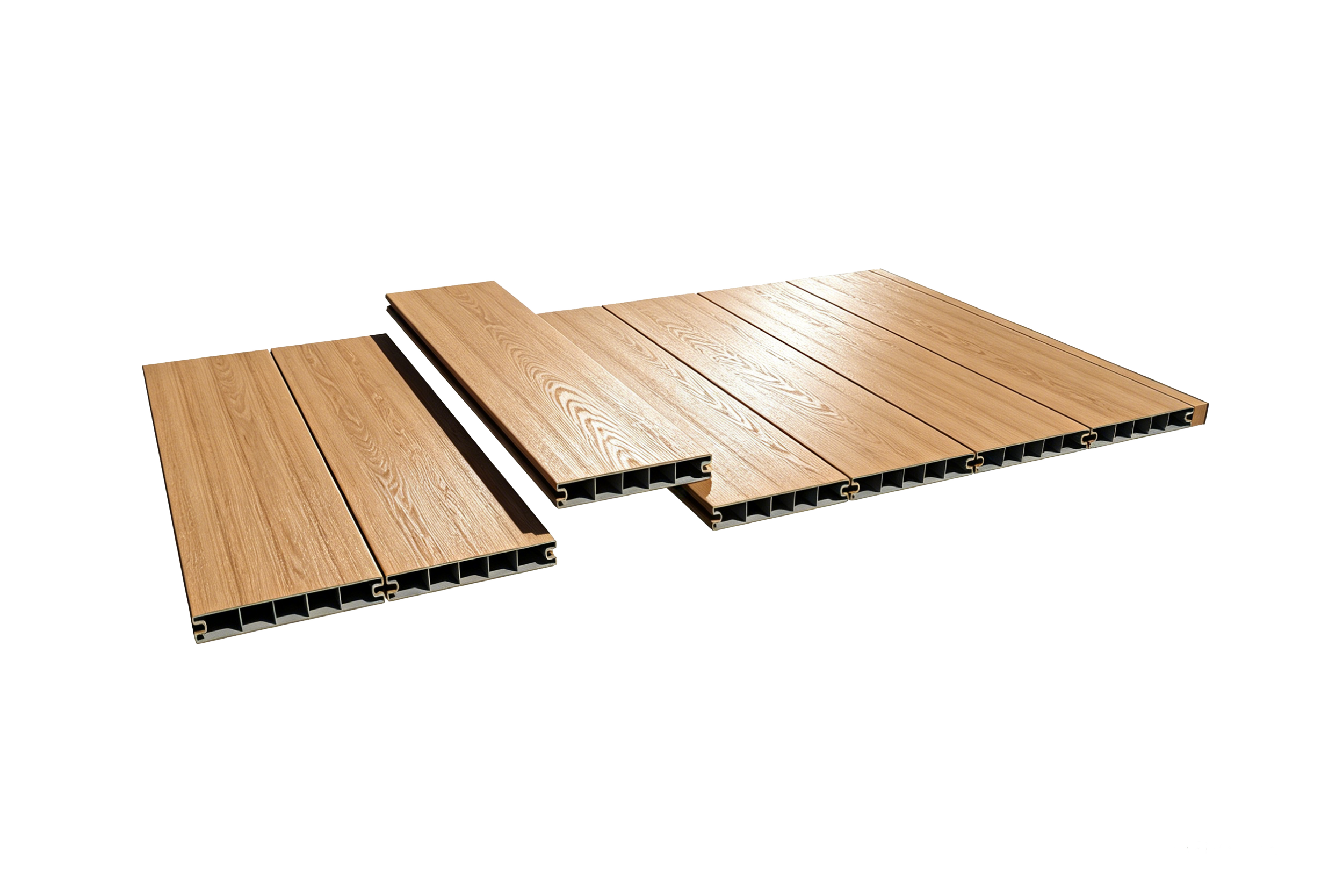 Four wooden deck tiles with interlocking plastic bases stacked in a fan shape.