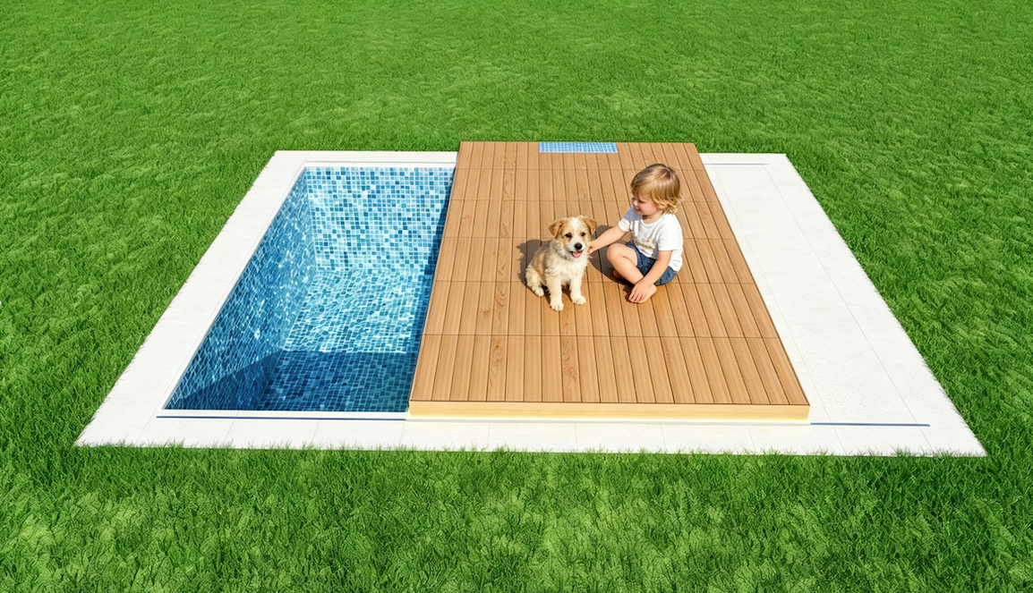 A young child sitting on a wooden platform next to a small swimming pool, playing with a small dog on a grassy lawn.