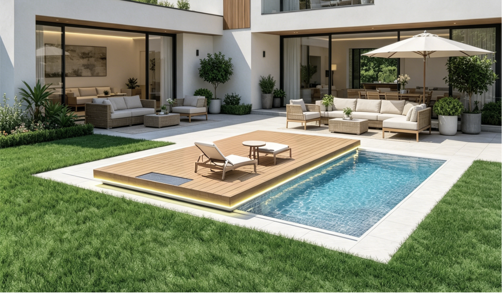 Modern backyard pool area with patio furniture, a wooden deck, a white umbrella, and a house with large glass sliding doors.