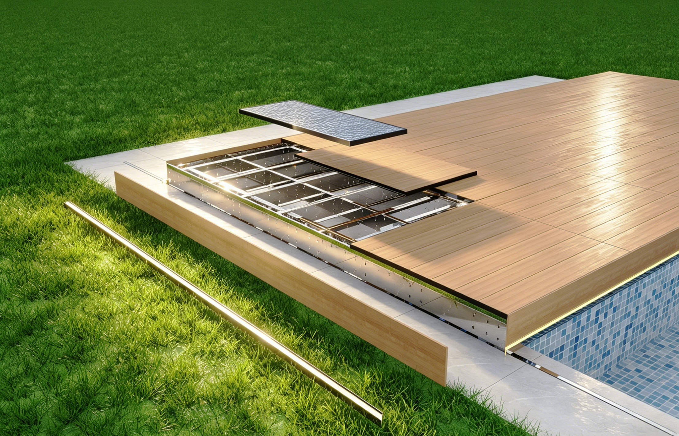 A partially assembled outdoor deck with wooden flooring, a metal drainage grate, and a grassy lawn area nearby.