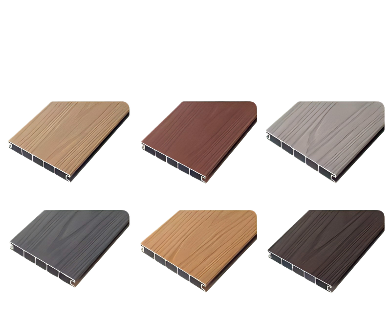 Six composite decking samples in different colors: beige, red-brown, gray, dark gray, light brown, and dark brown.