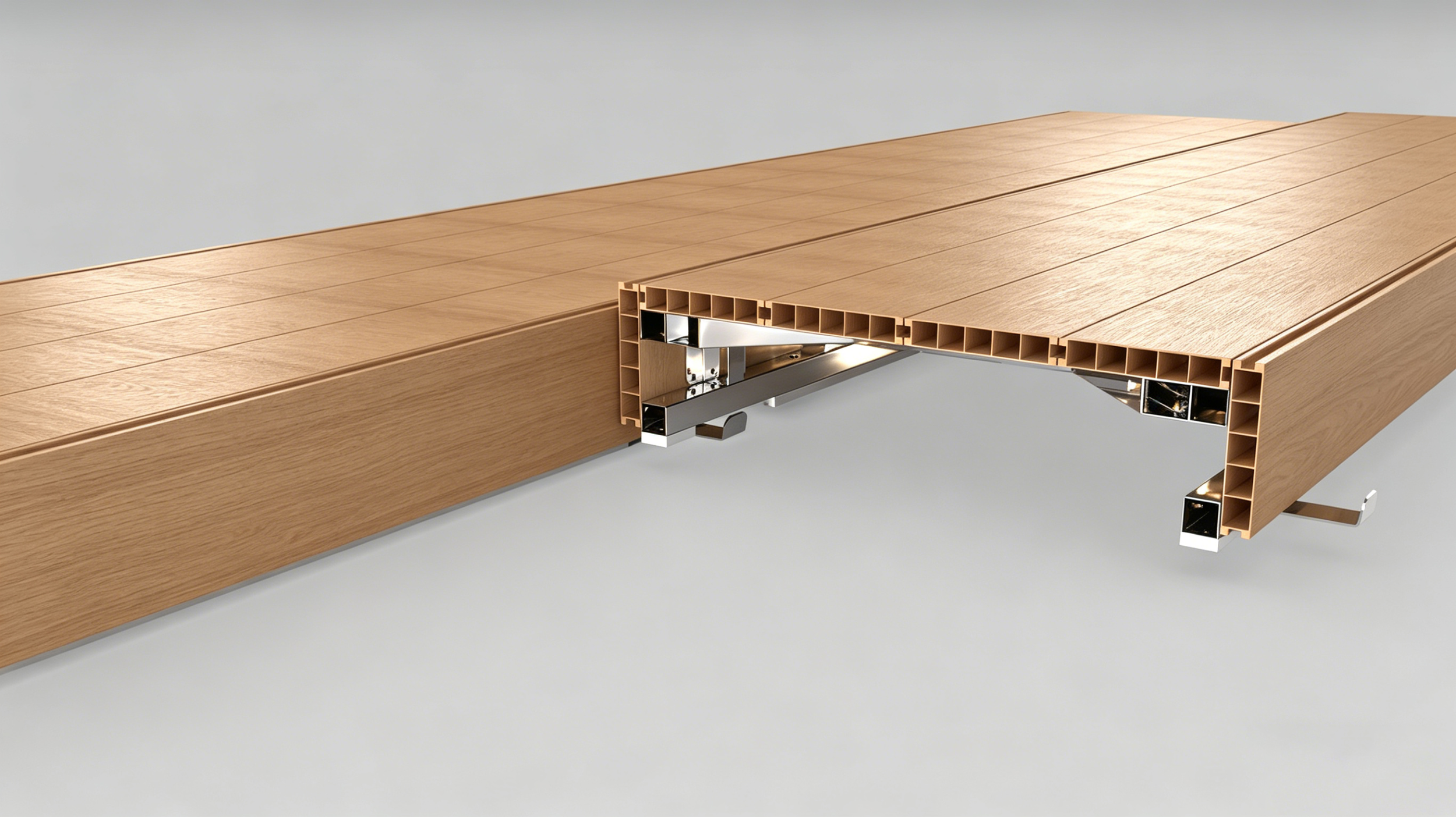 Cross-section of a wooden slat wall with metal mounting hardware