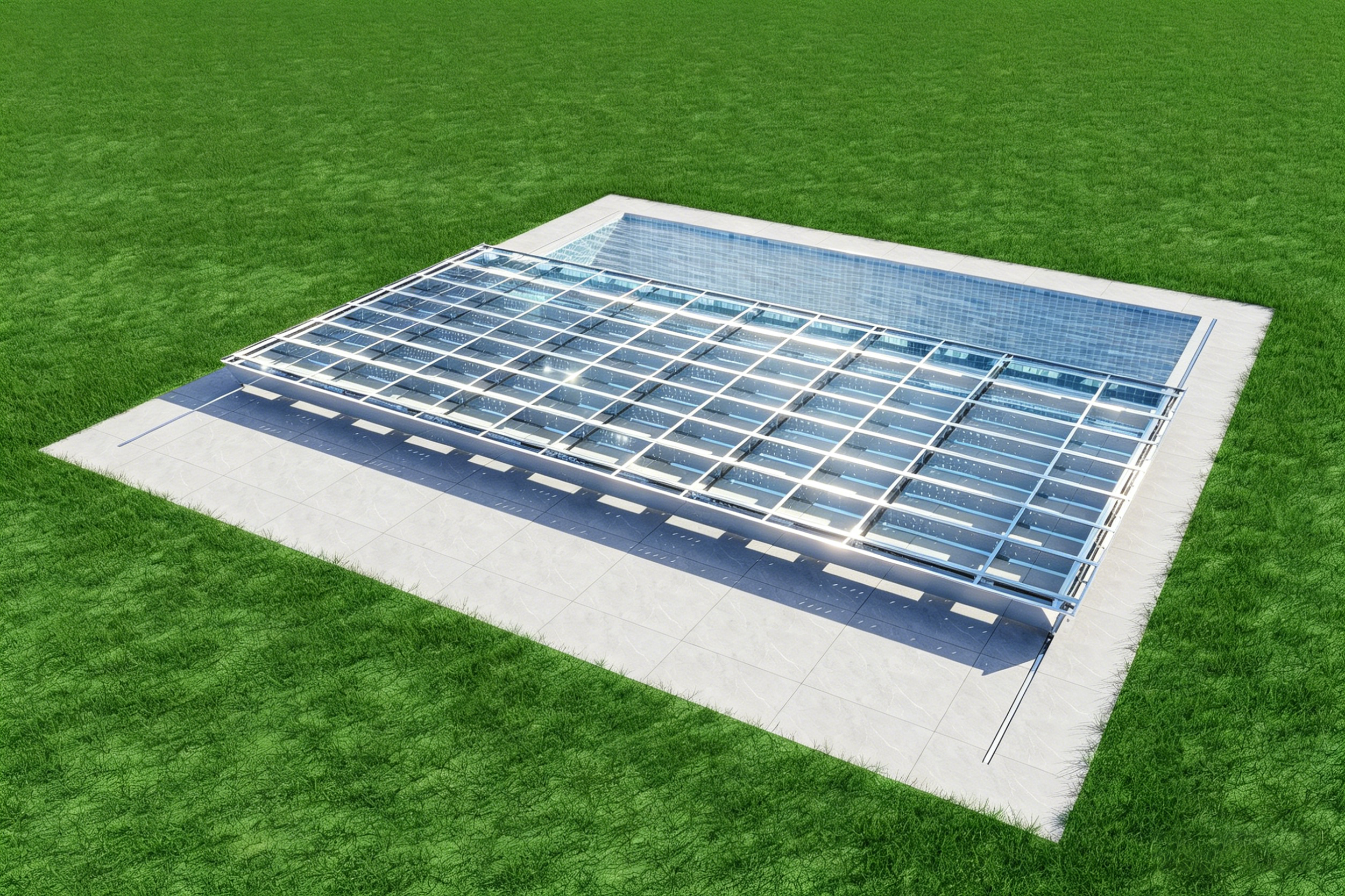 Flat glass solar panels installed on a grassy backyard.