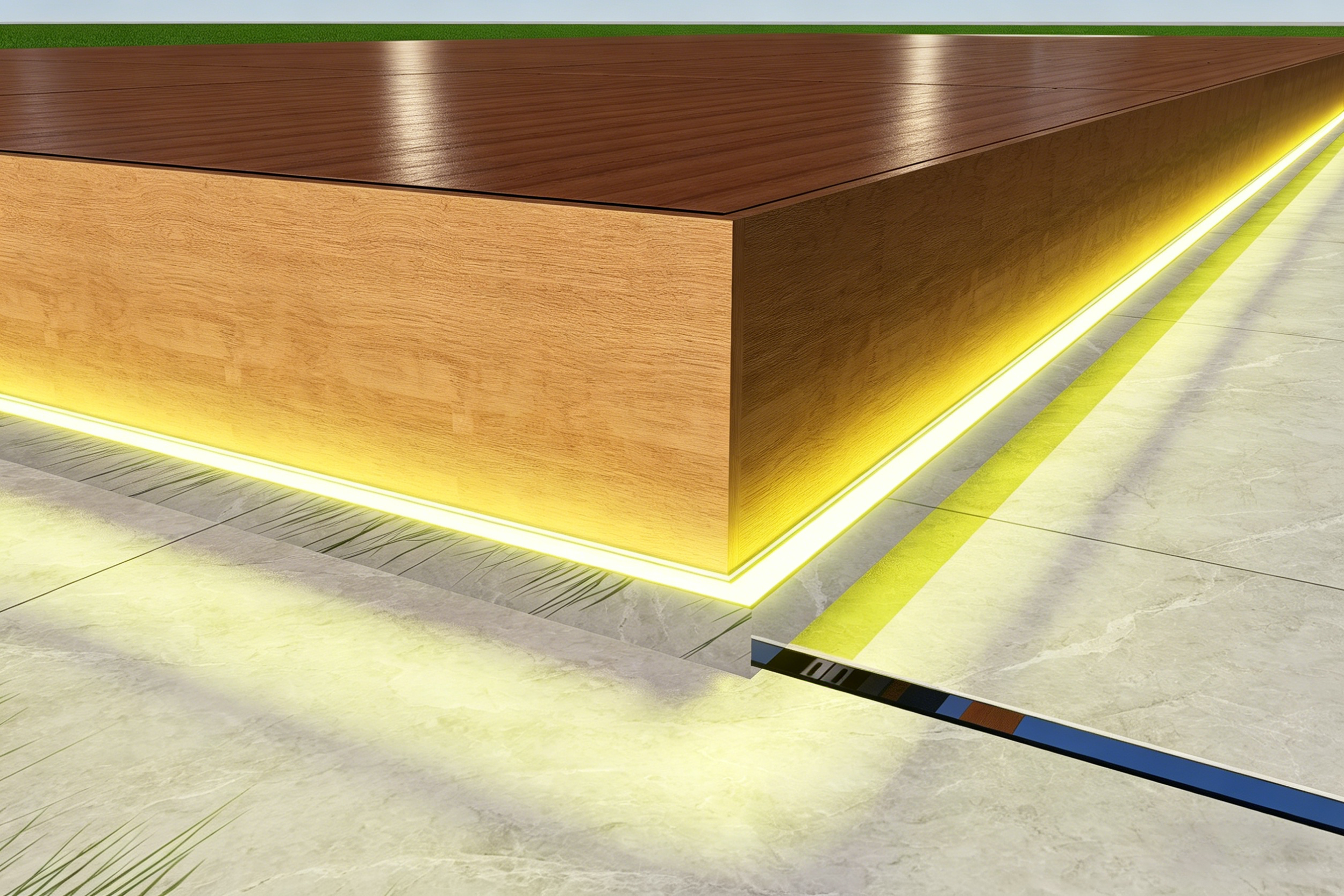 Close-up of a wooden counter with yellow lighting underneath at a modern venue.