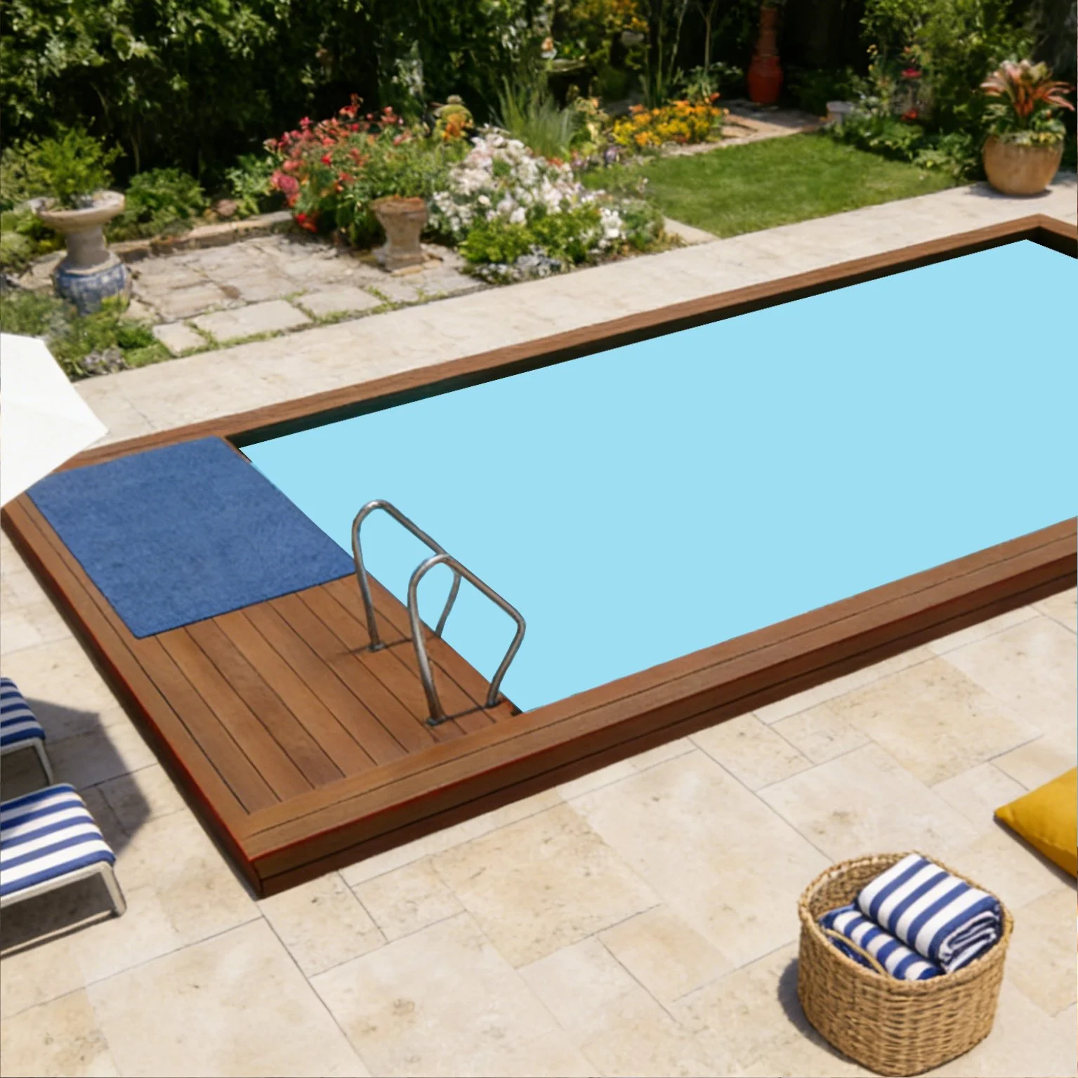 Private backyard with a swimming pool, blue towels, striped lounge chairs, an outdoor tiled floor, a wicker basket with striped towels, a garden with colorful flowers, potted plants, and a lush green hedge in the background.