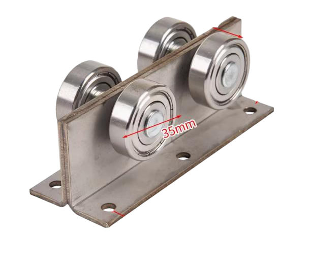 A metal roller track with four wheels and a 35mm wheel diameter, mounted on a metal base with ventilation holes.